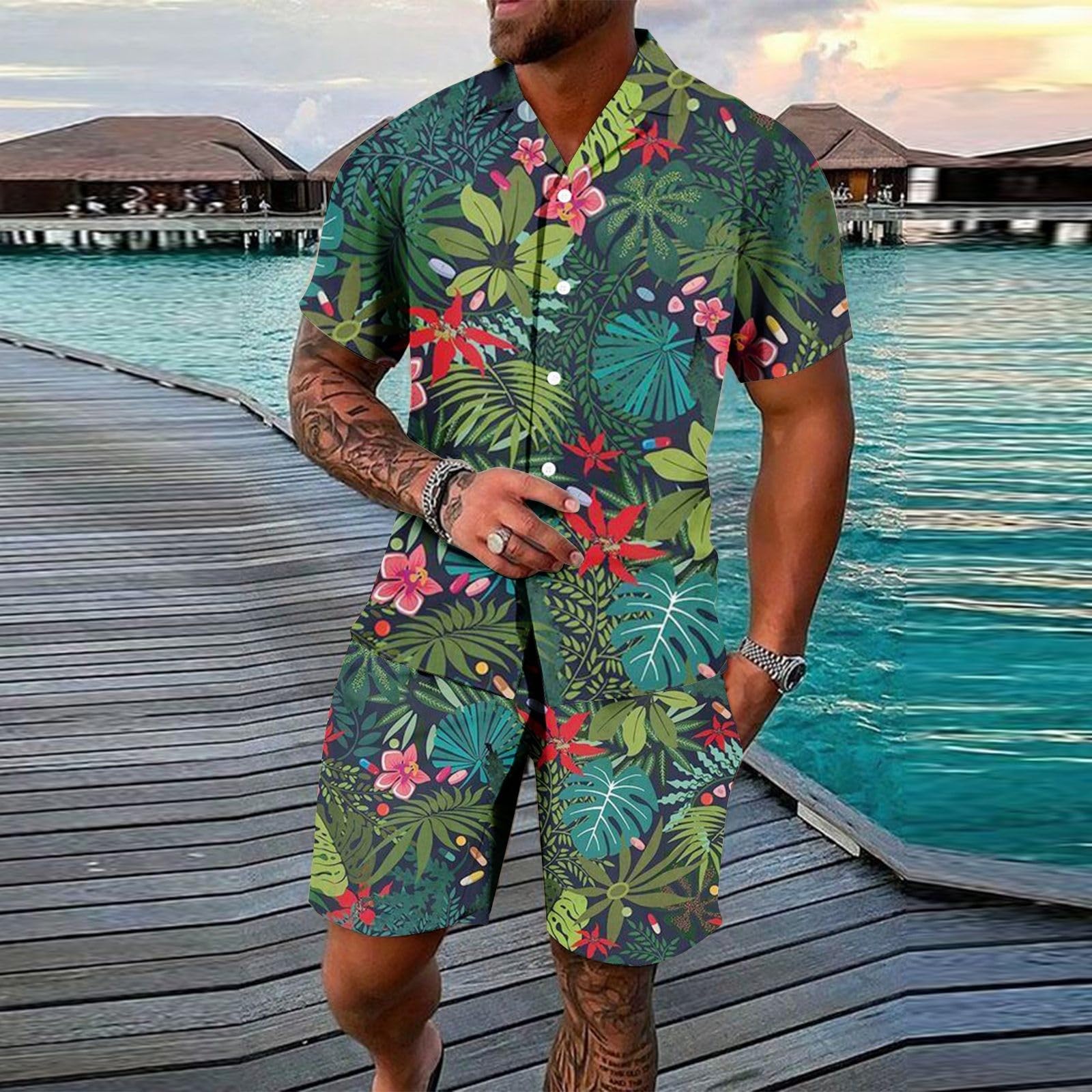 Conjuntos de Playa con Botones Y Forro de CompresióN Traje Hawaiano Camisa Manga Corta Y Pantalones Cortos Conjunto de Vacaciones para Hombres 2 Piezas Camisa Hawaiana Y Conjunto Corto