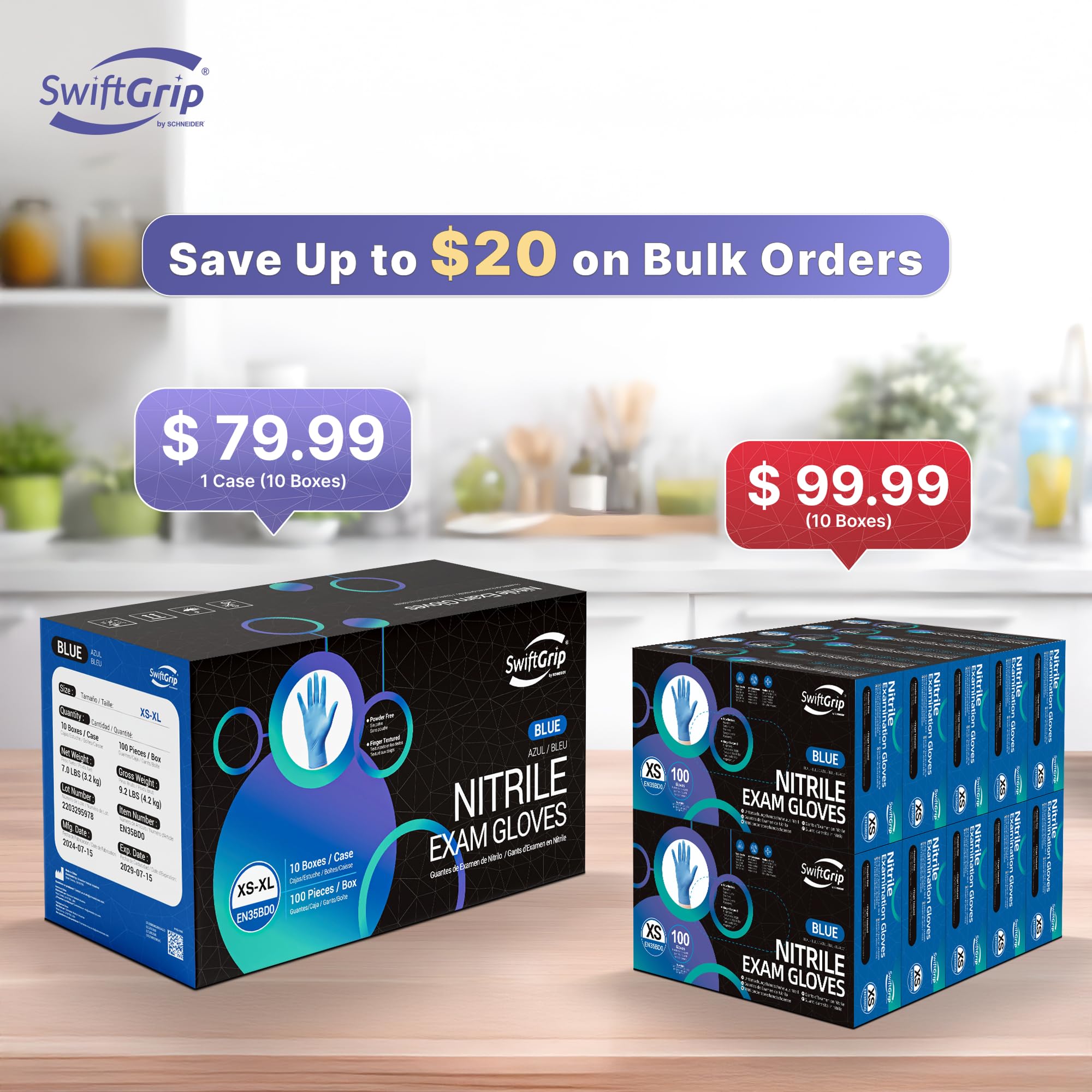 SwiftGrip Guantes desechables de nitrilo, 3 mil, azul, guantes de nitrilo desechables sin látex, guantes médicos, guantes de limpieza, guantes de goma aptos para alimentos, sin polvo, no estériles