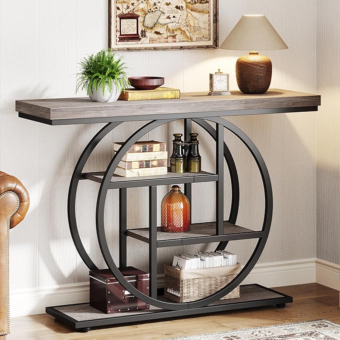 Tribesigns 41.3" Console Table, Industrial 4-Tier Sofa Table Entryway Table with Circle Base, Narrow Wood Accent Tables with Storage Shelves for Living Room, Hallway, Foyer, Gray