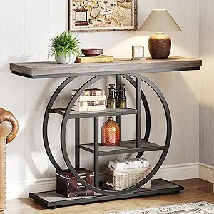 Tribesigns 41.3" Console Table, Industrial 4-Tier Sofa Table Entryway Table with Circle Base, Narrow Wood Accent Tables with Storage Shelves for Living Room, Hallway, Foyer, Gray