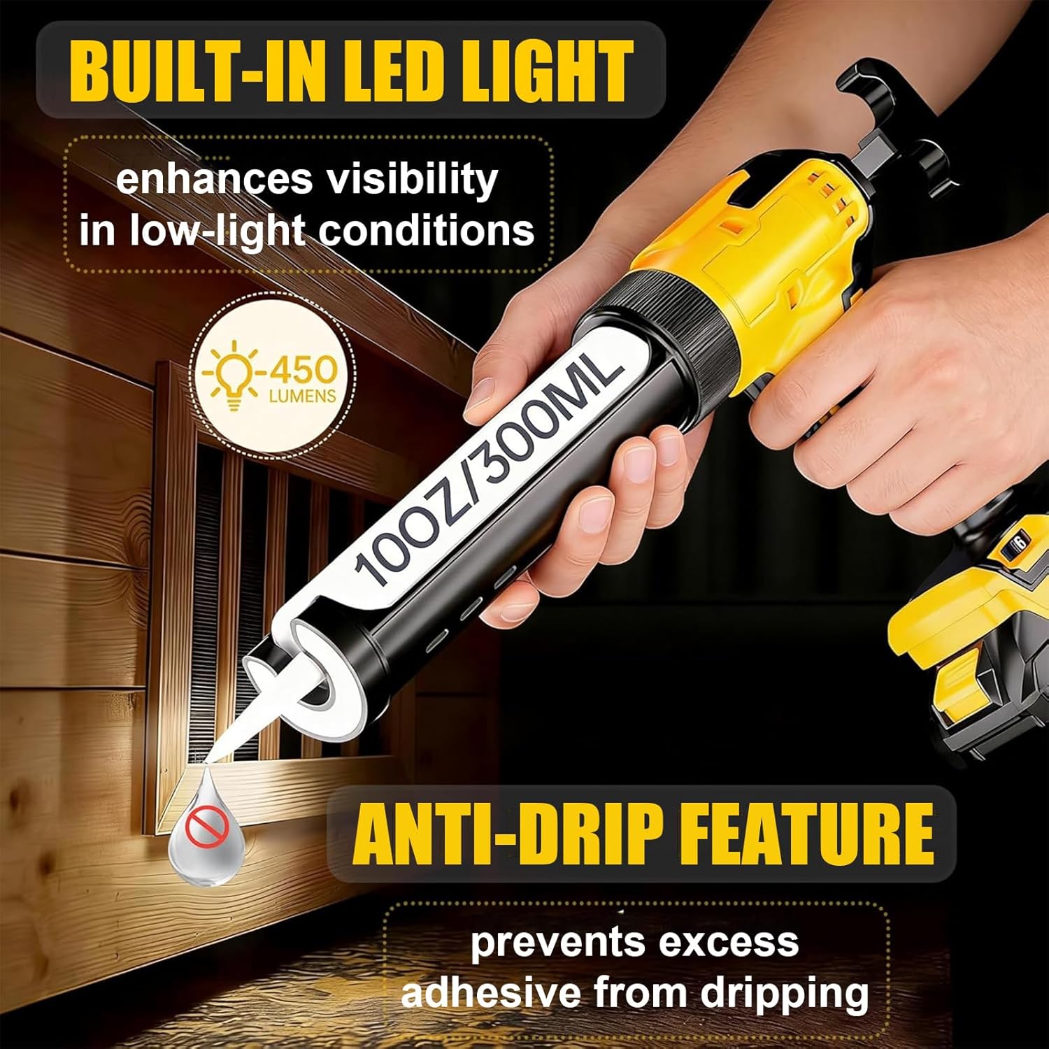Cordless Caulking Gun Compatible With DeWalt 20V Max Battery 10 Oz Electric Caulking Gun with LED Light, 6 Speed for Filling, Sealing, Repair (No Battery Included)