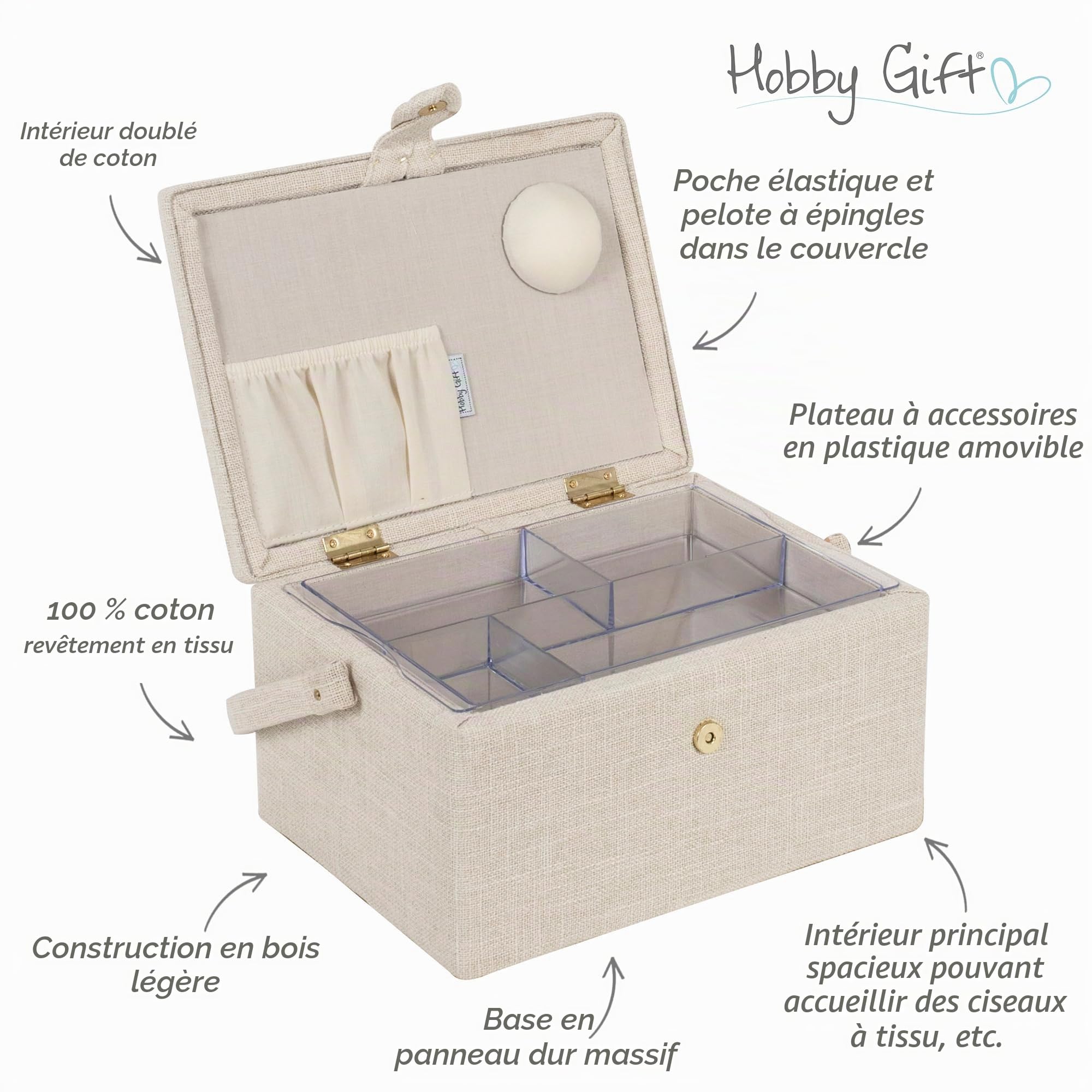 Hobby Gift Boîte à Couture Moyenne avec Poignée, Panier de Rangement Couture en Coton avec Compartiments pour Outils et Accessoires, Boîte Loisirs Créatifs, 18,5 x 25,5 x 14,5 cm, Hortensia