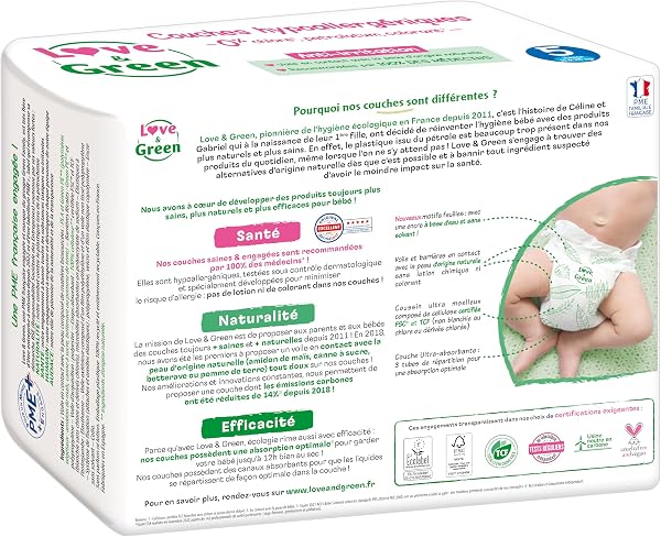Love & Green - Couches Bébé Saines et Ecologiques - Taille 5 (11-25 Kg) - Pack 1 Mois (160 Couches) - Absorbante, anti-fuites et sans ingrédients indésirables - 3