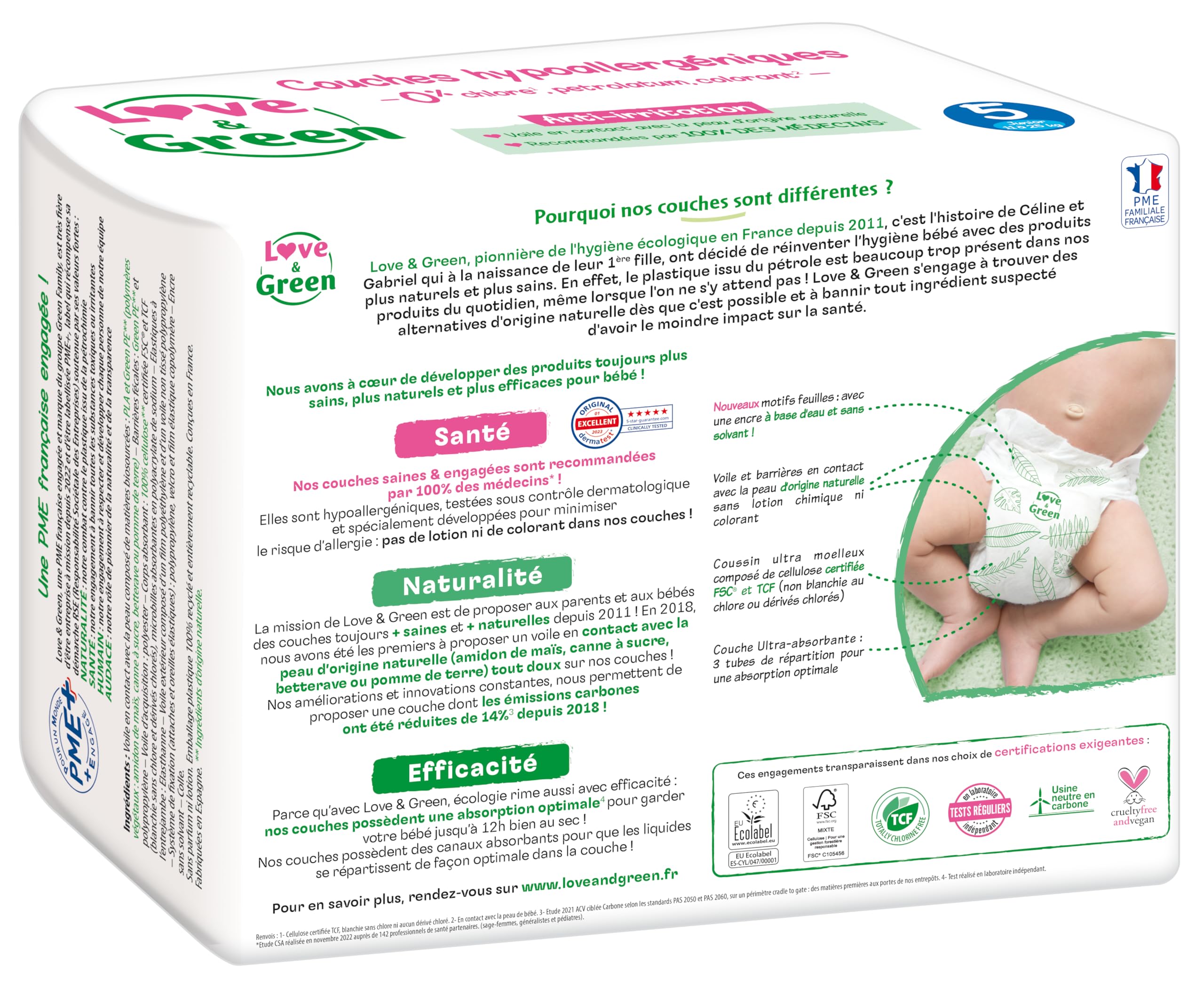 Love & Green - Couches Bébé Saines et Ecologiques - Taille 5 (11-25 Kg) - Pack 1 Mois (160 Couches) - Absorbante, anti-fuites et sans ingrédients indésirables - 4