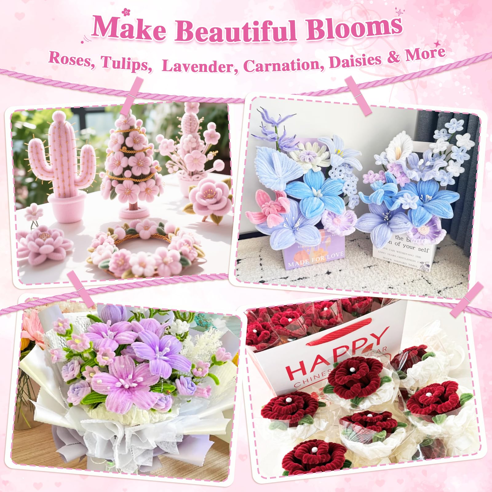 Pfeifenputzer Set 1000 Stück 18 Farben Blumenstrauß DIY Basteln Geschenke Dekorieren