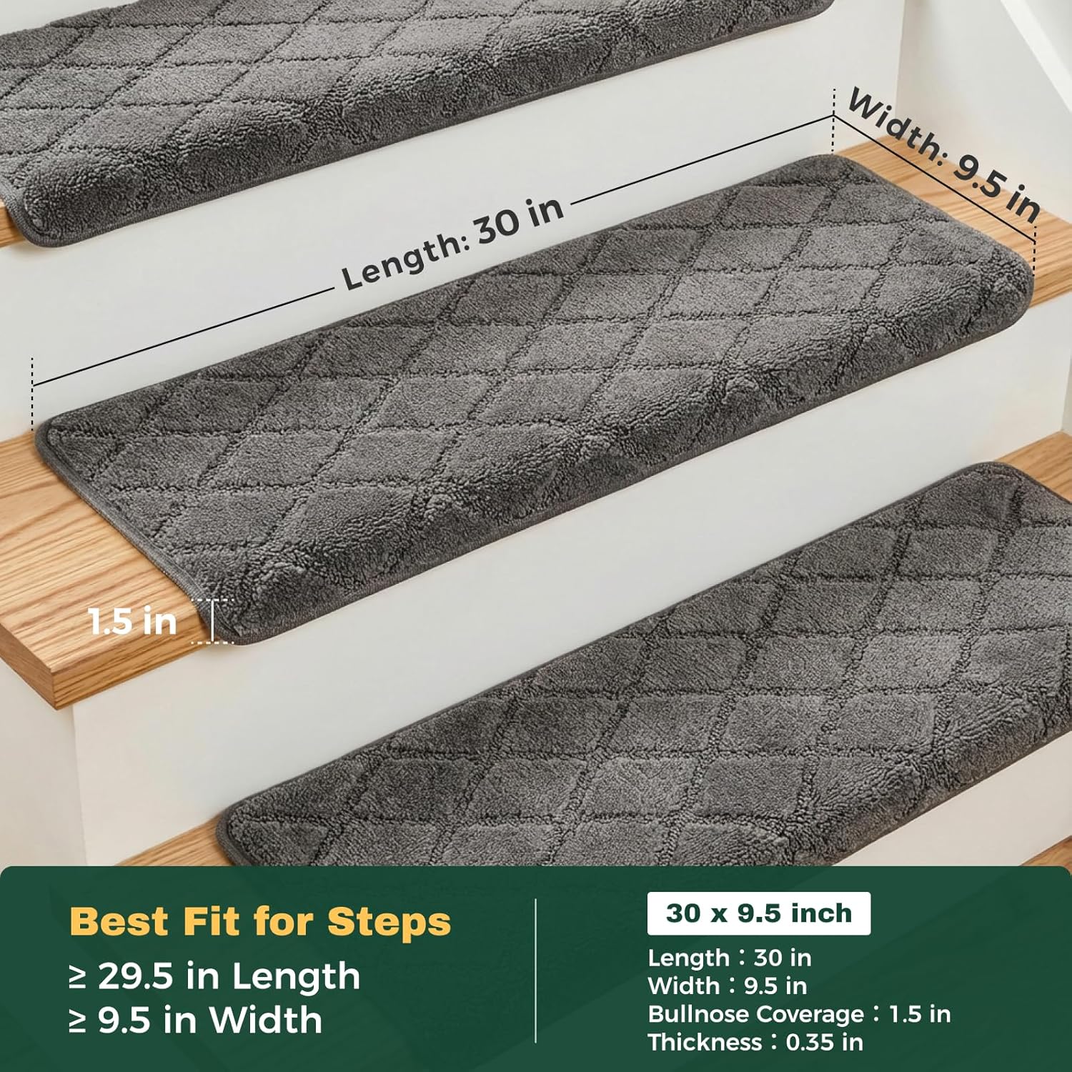 MBIGM Bullnose Carpet Stair Treads Non Slip Stair Mats for Wooden Stairs (14, Dark Grey - Diamond, 9.5" x 30")