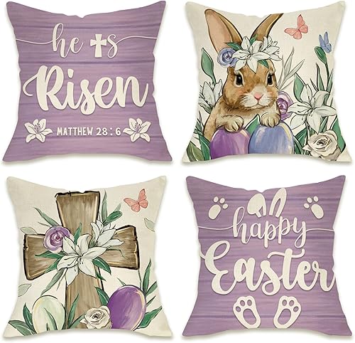 Fahrendom Happy Easter Christian Decorative Throw Pillow Covers 16x16 Set of 4, 