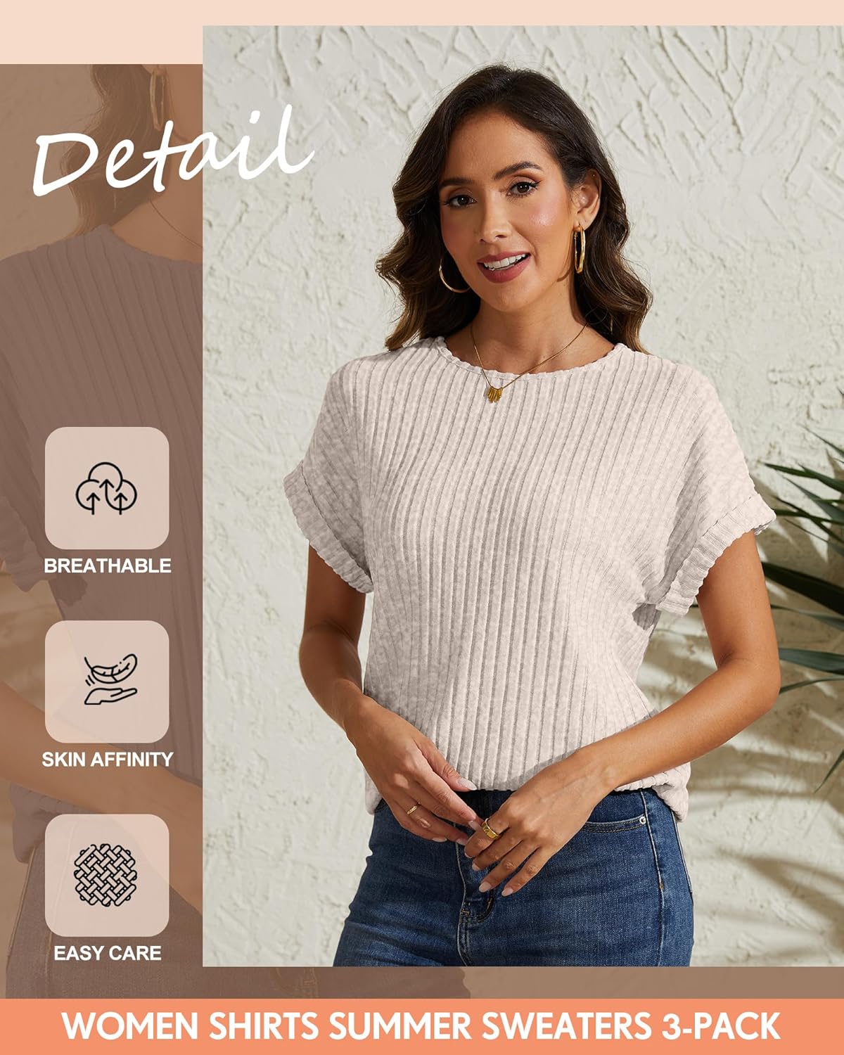 3 Pack Women Summer Sweaters Tops Crew Neck Short Sleeve Ribbed Knit T Shirts Dressy Casual Business Tunic Blouses - Image 6