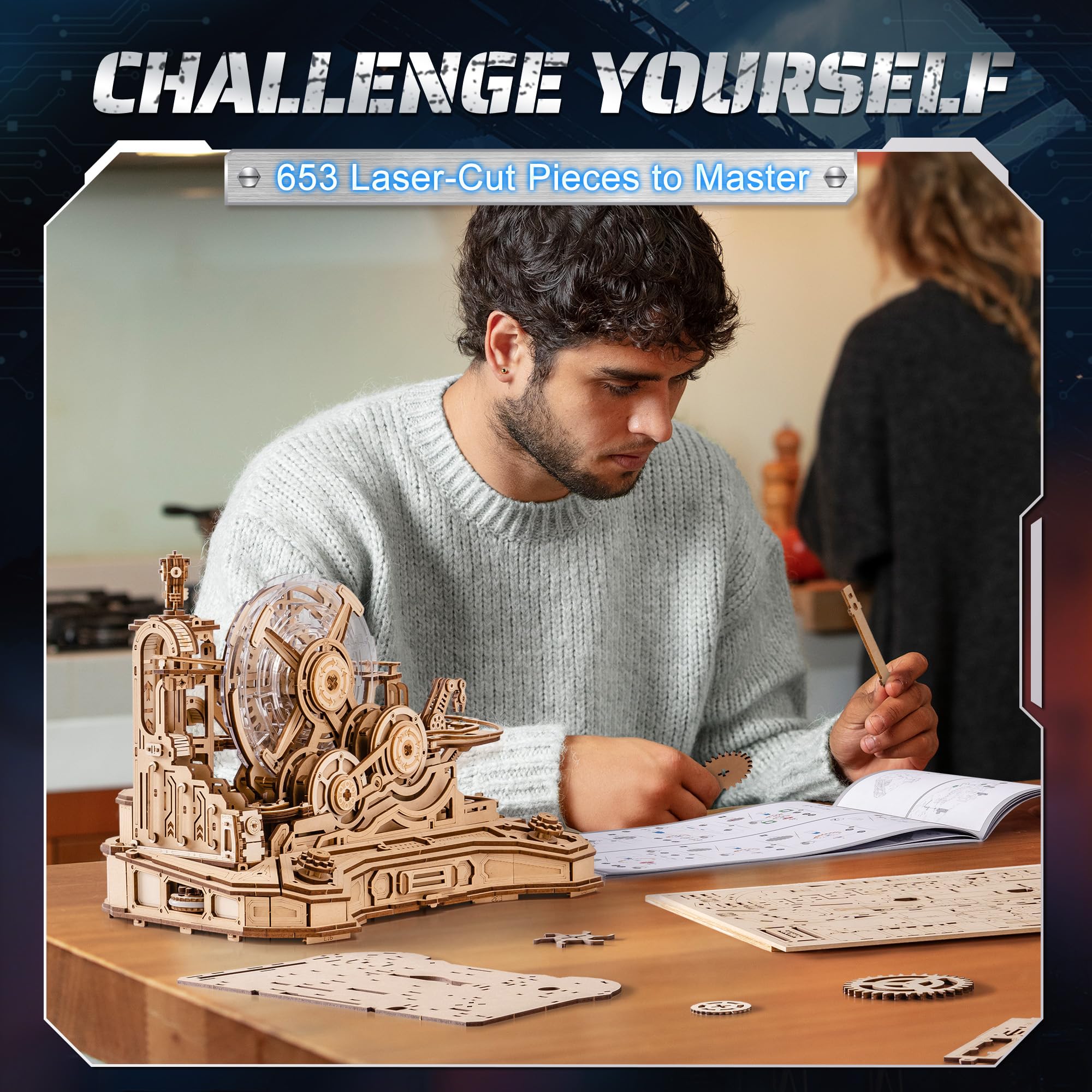 ROBOTIME Drewniane puzzle 3D Gear Ball Challenge - mechaniczny zestaw modeli labiryntu dla dorosłych i nastolatków, 653 szt. zabawka prezent STEM, projekt kontrolera do gier, EGC01