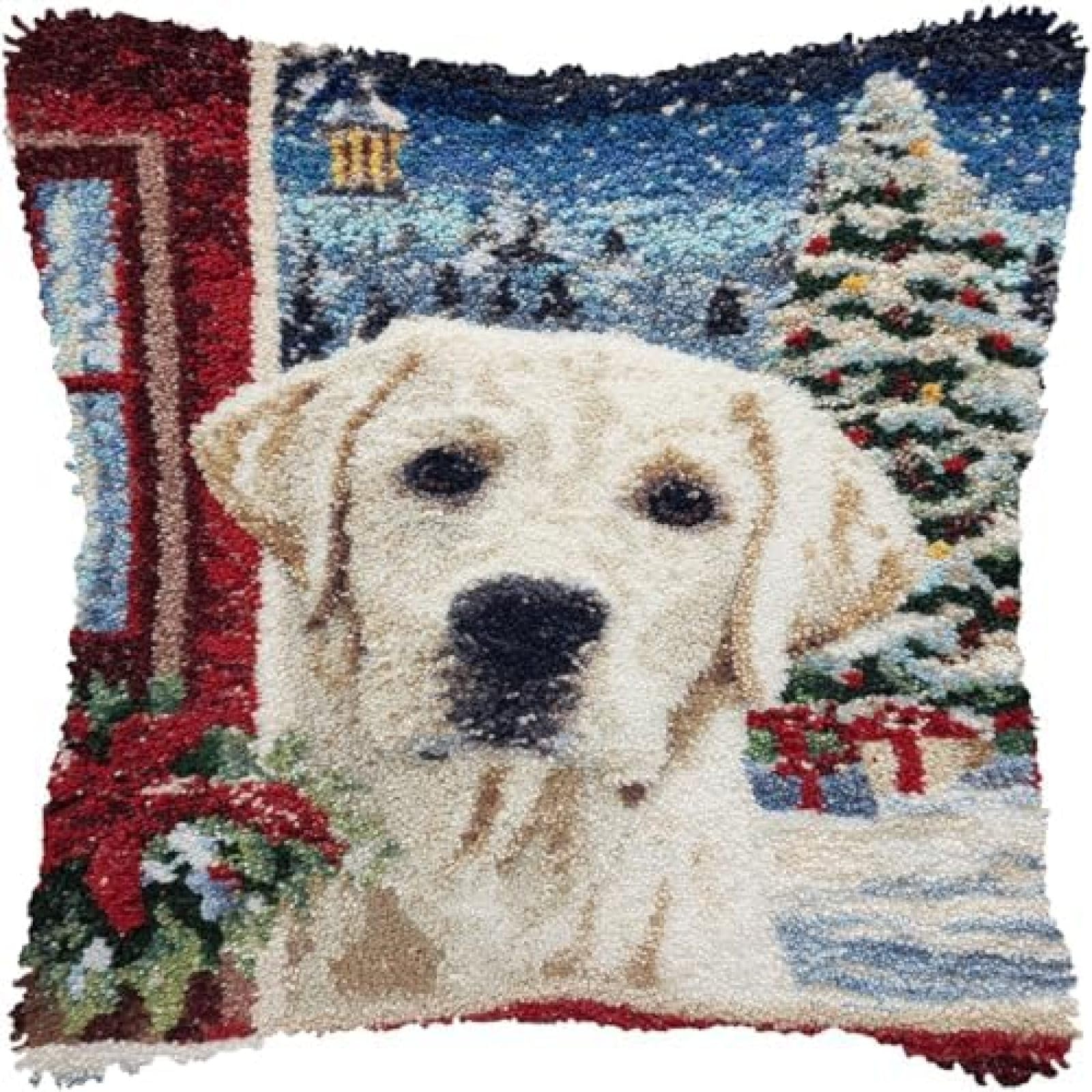 Latch Hook Cushion Kit 43x43cm,White Labrador Retriever And Christmas Scene Pattern Pillow Cover DIY Rug Hooking Kit for Adults & Beginners,Printed Canvas,Yarn & Hook Included,Craft Needlework Set-1