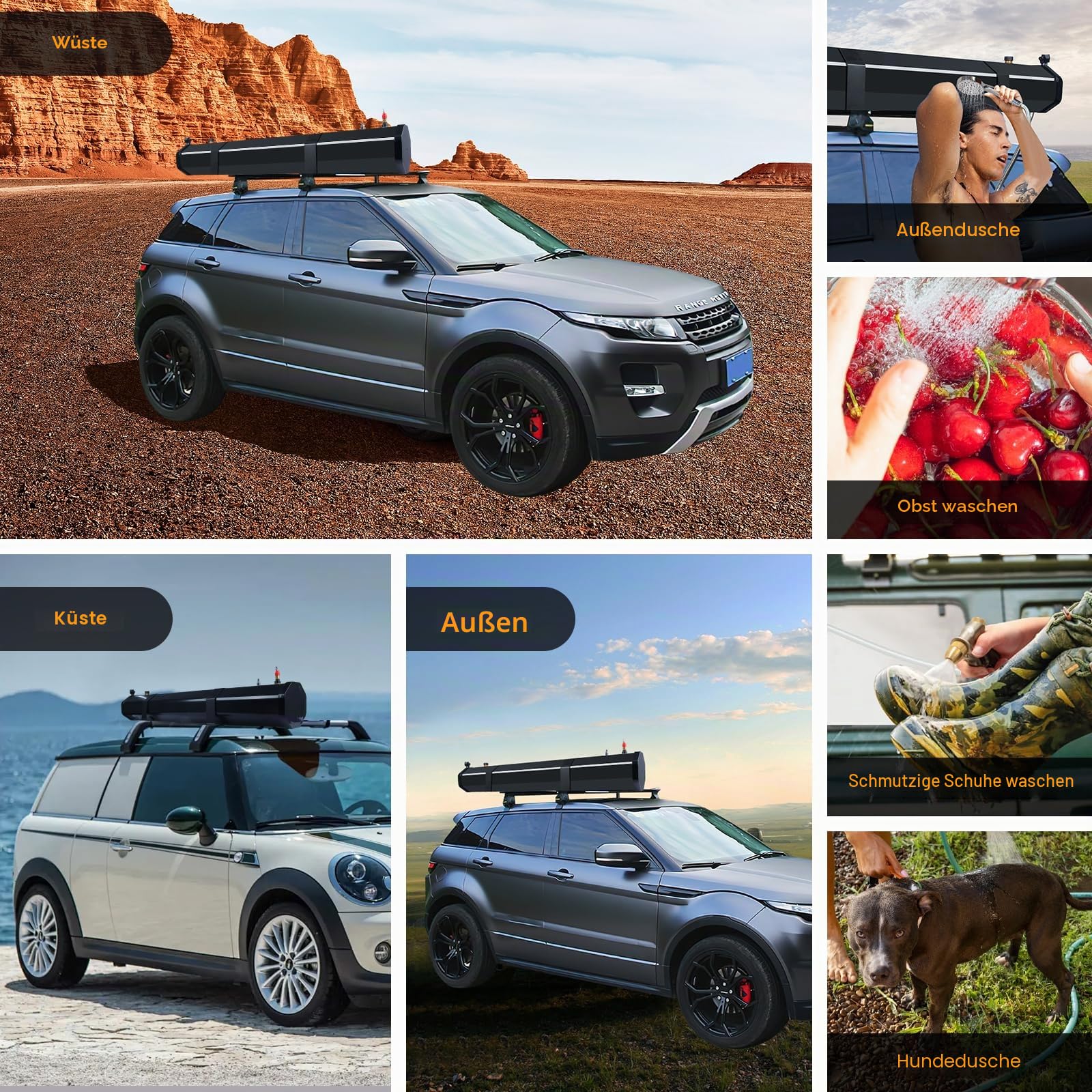Premium Auto Camping Dusche 30L, Solardusche Camping Dusche mit Heizfunktion für SUV, Offroad & Wohnmobil, Fahrzeug Dusche mit Druckwasserpumpe, Dachträger Montage, Outdoor Dusche für Camping Reisen