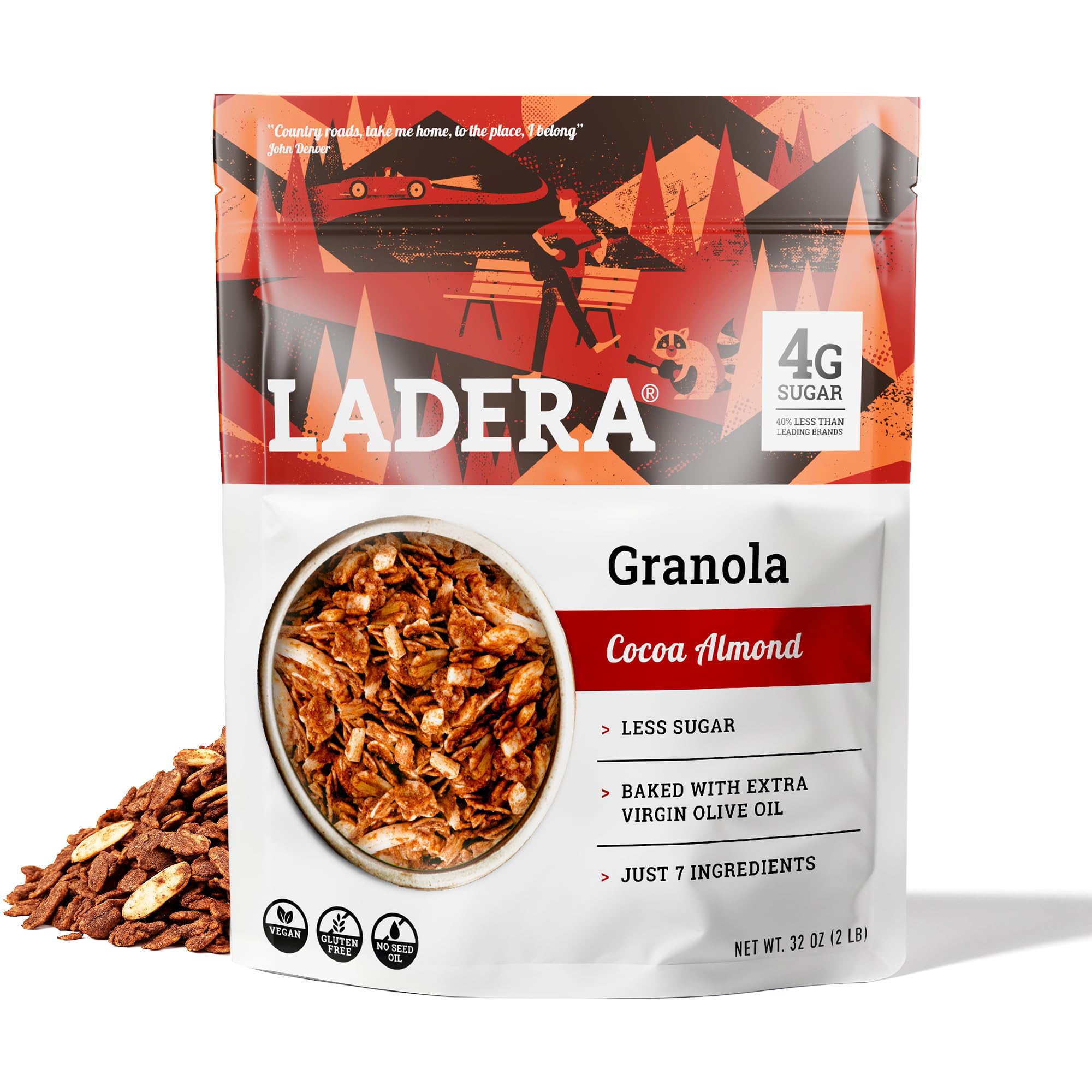 Ladera Cocoa Almond Granola - Low Sugar Chocolate Breakfast Cereal, Gluten Free & Vegan, Honest Ingredients, 2 LB