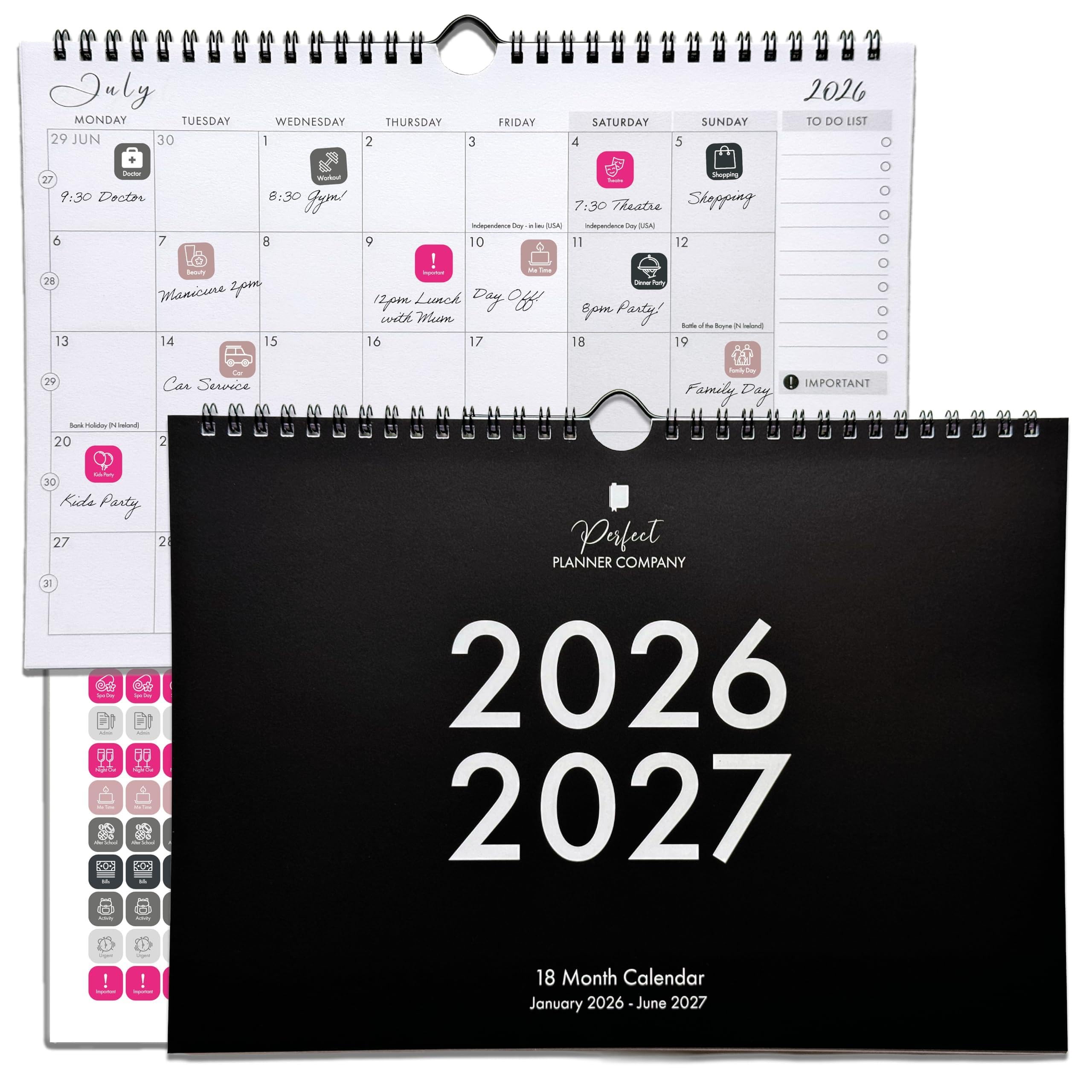 Family Wall Calendar 2026-2027 A4 with Stickers. Month to View, January 26 to June 27 (18 Month) Family & Couples Calendar Organiser, Student, Home & Office. Perfect Planner Company.