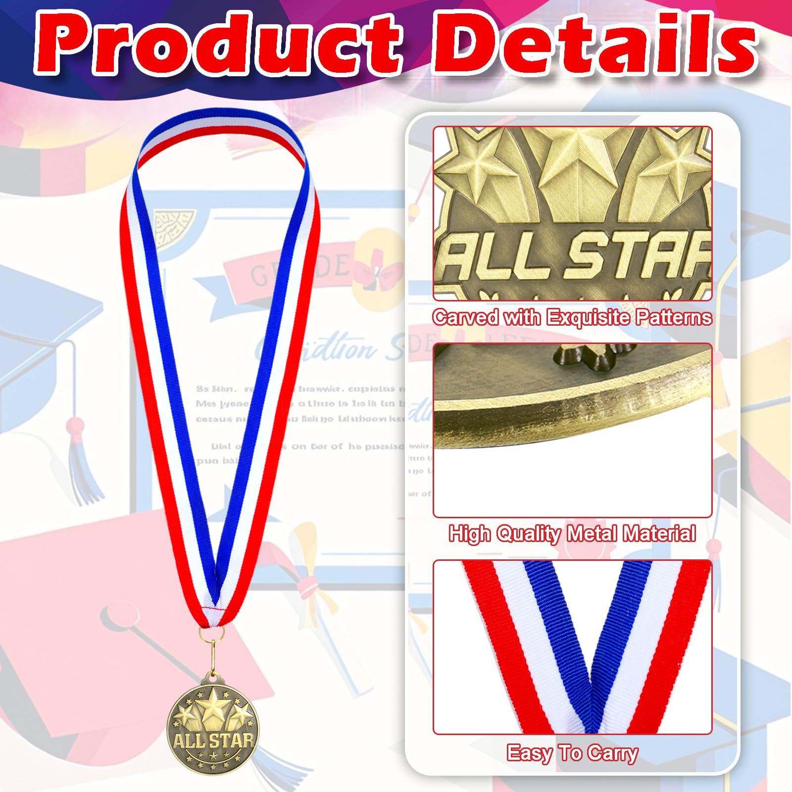 Quelay 30 medallas de premio de 2 pulgadas, medallas de oro a granel con cintas para el cuello, trofeo de metal, regalo para torneos, competiciones, fiestas, niños y adultos (All Star)