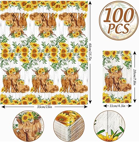 Miniatura 2 de AnyDesign - 100 servilletas de papel desechables de vaca de las tierras altas para invitados de vaca, girasol, rústicas, servilletas de mano para