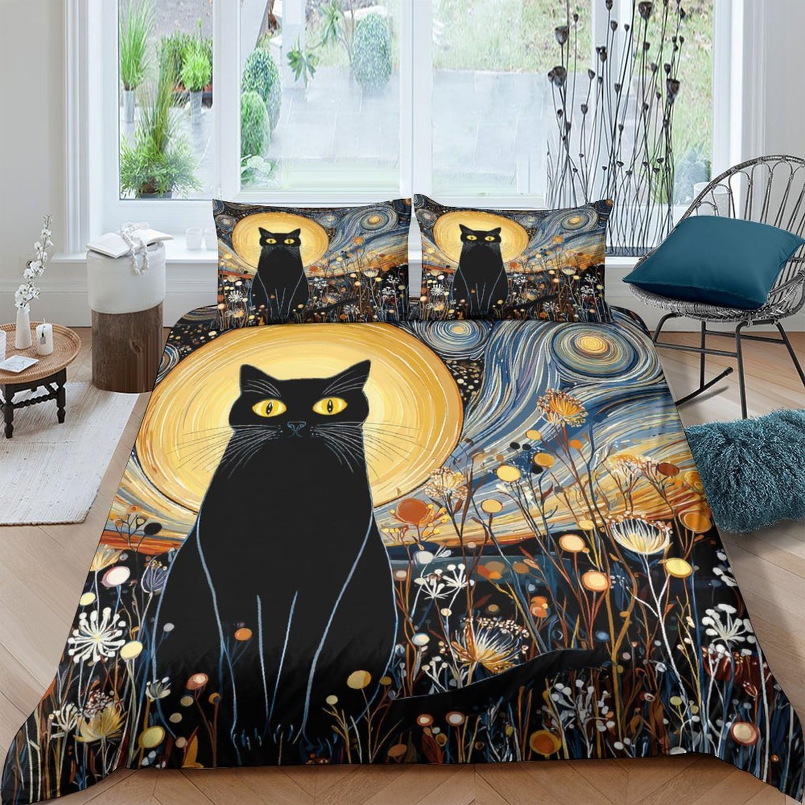 Ctjqhvkz Style-9 3D Printed Black Cat Moon Fitted Sheet Microfiber Bedroom Decor Starry Night Bed Cover Anti-Slip Machine Washable Single（135X200cm）