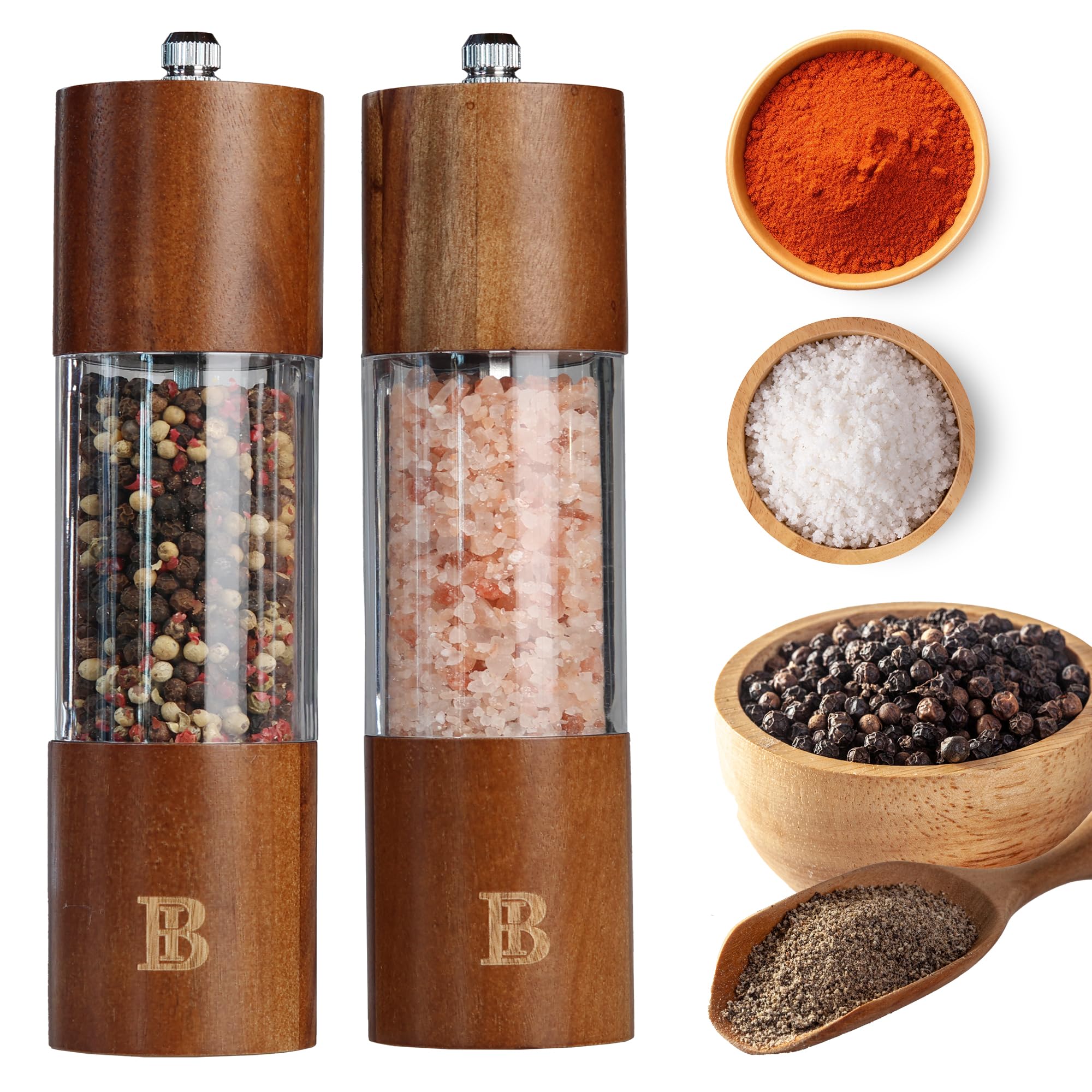 Acrylic & Acacia Wood Salt and Pepper Grinder Set, 6 PCS 7 inch Wooden Salt and Pepper Mill Sets with Base Tray