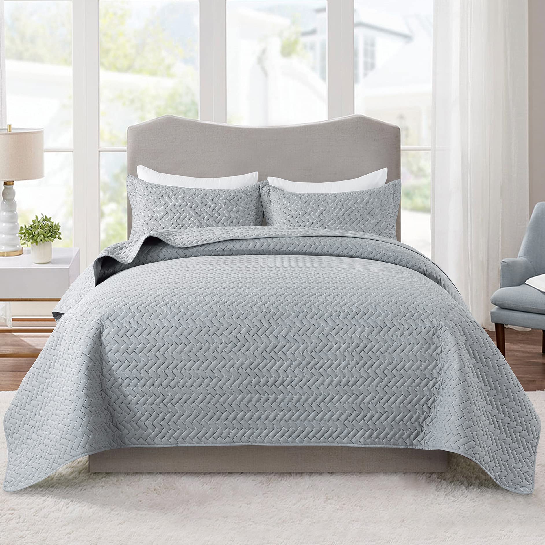 DOWNCOOL Gray Quilt Sets King with 2 Pillow Cases - 3 Pieces Quilt Sets - Soft Bedspread Coverlet Bed Cover for All Season - King Size (106"x96")