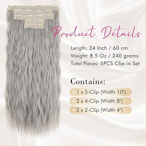 Miniatura 2 de Extensiones de cabello con pinza, REECHO 5 piezas de extensiones de cabello gris plateado 24" gruesas, ondas largas y sueltas, HE002, trama
