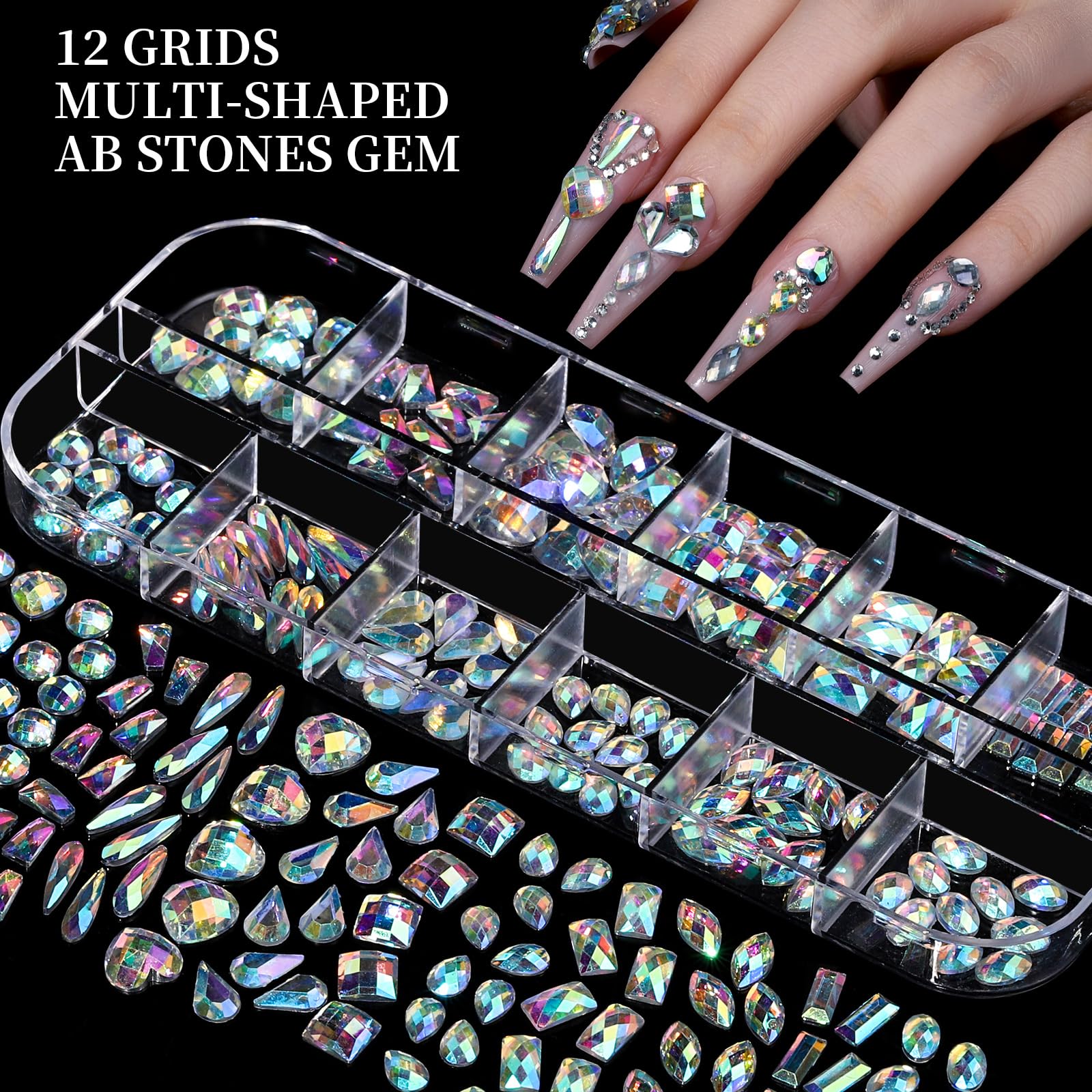 Dijes para uñas, kit de diamantes de imitación para uñas con 8 cajas de gemas para uñas, dijes 3D para uñas, diamantes de imitación transparentes de colores planos, cristales de uñas 7