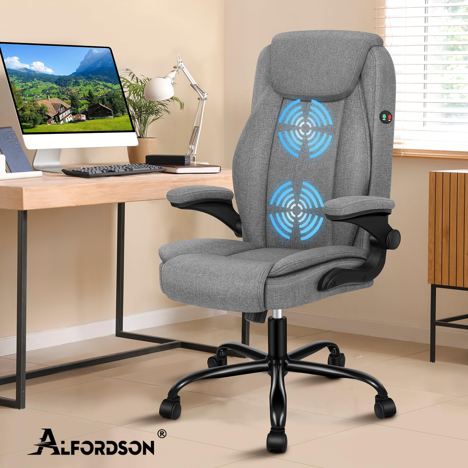 ALFORDSON Ergonomiczne krzesło biurowe z masażem, krzesło biurowe wykonawcze z wysokim oparciem, składane podłokietniki, funkcja przechylenia, do recepcji, domu, komputera, gabinetu, tkaniny lnianej