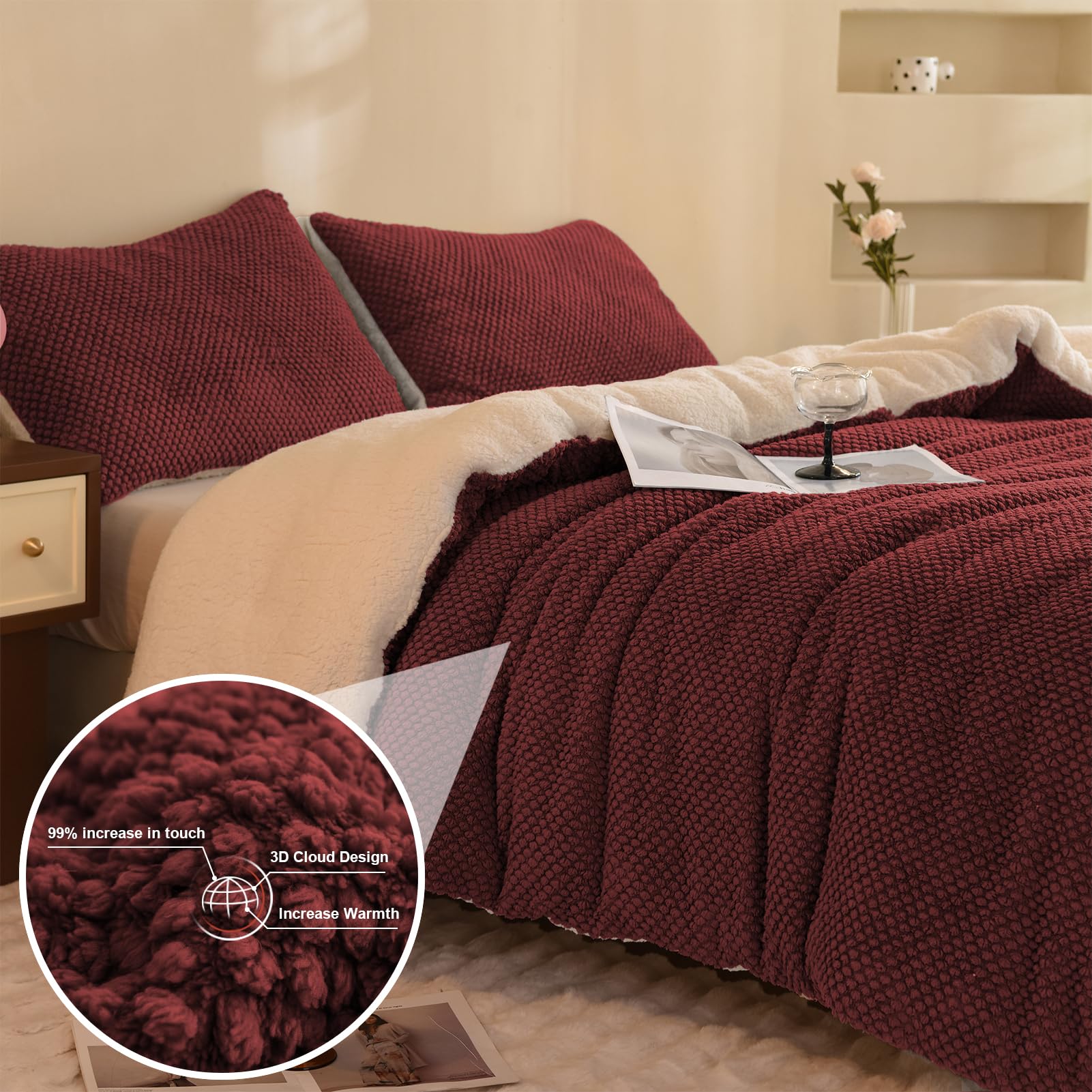 LLanCL 3D-Jacquard-Design, ultraweich, warm, Sherpa-Fell, Plüsch, 2-teilig, luxuriös, gemütlich, mit 1 Kissenbezug (172,7 x 228,6 cm, Burgunderrot)