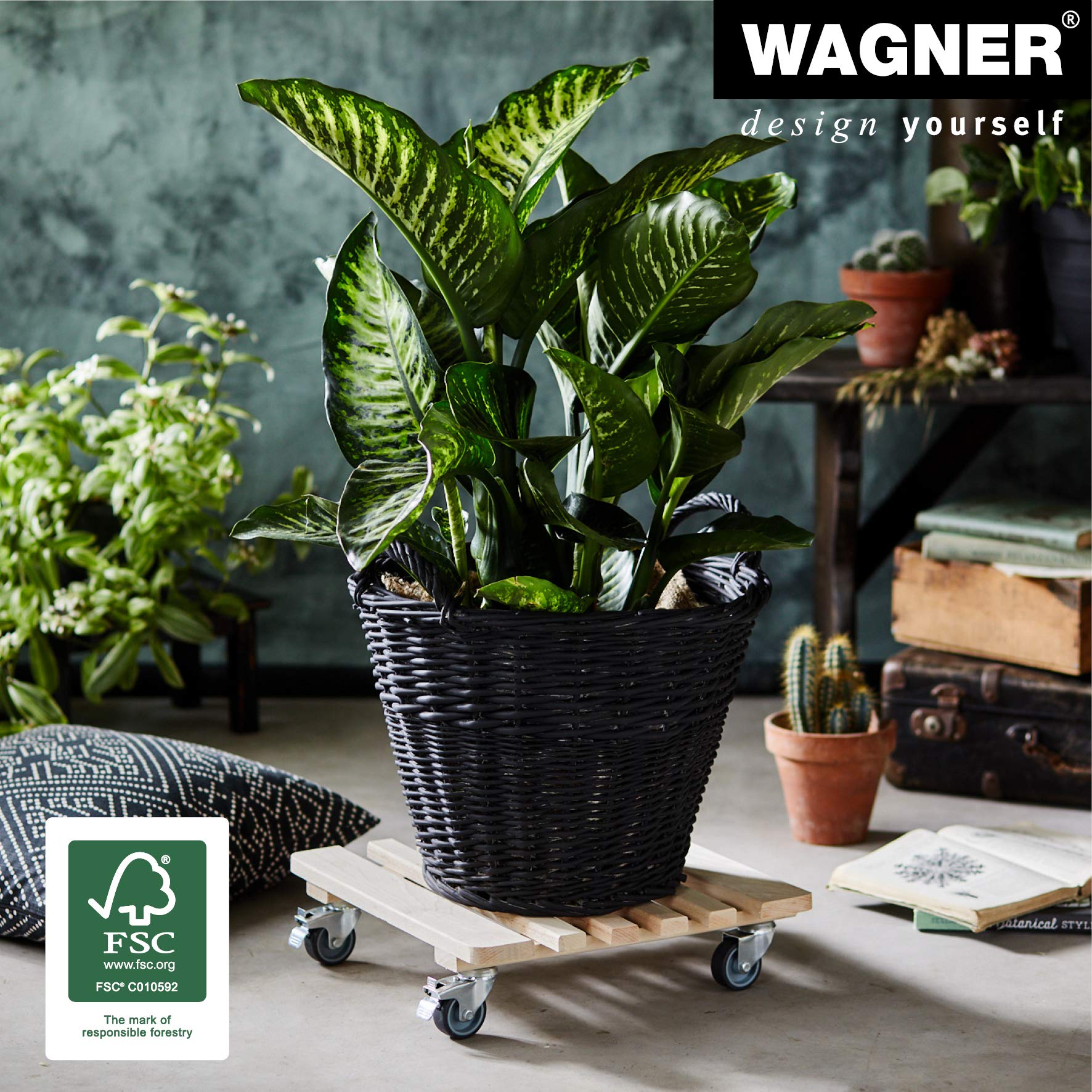 WAGNER Carrello per piante PIANO 38 x 38 x 10 cm I Per interni, faggio naturale I Portavaso in legno massello FSC® con Ruote I 2 Ruote con freno I Portata 200 kg I Fatto in UE - 20032901