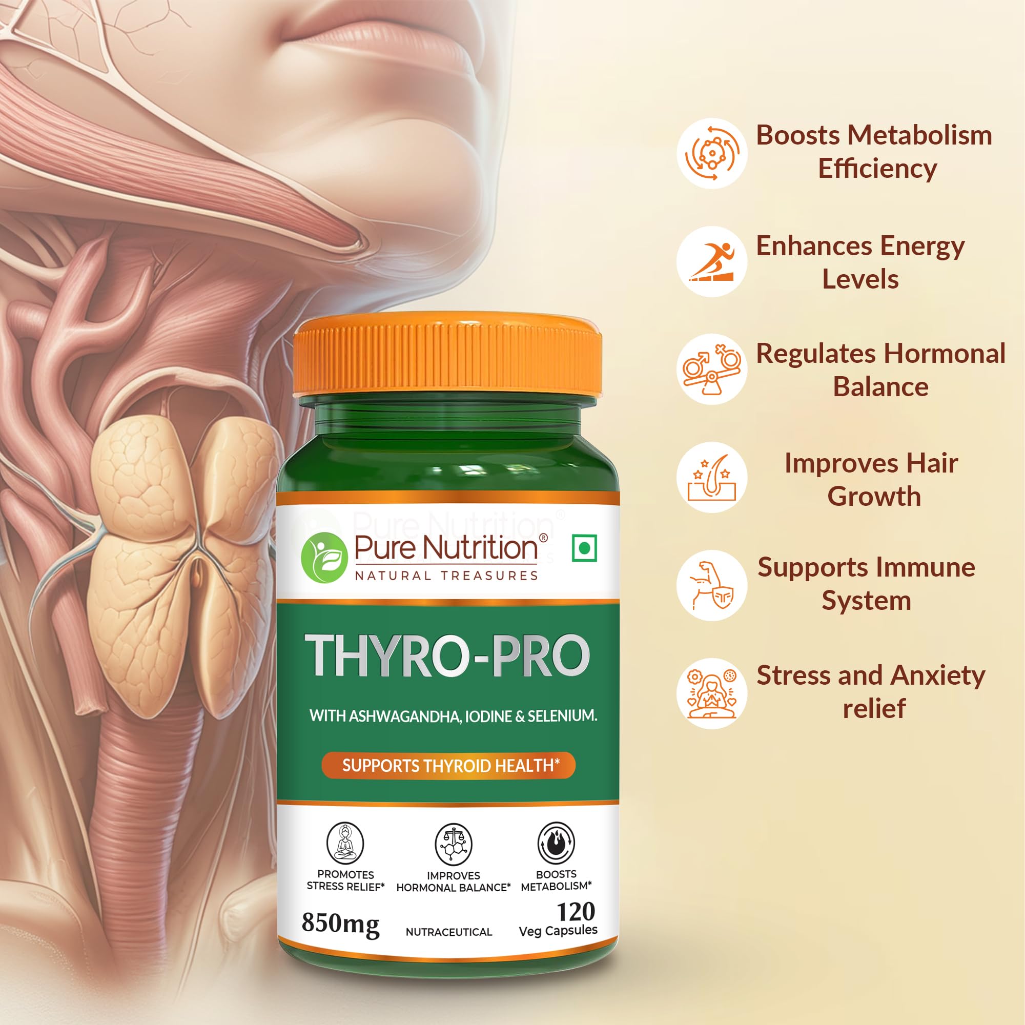 Pure Nutrition Thyro Pro - 120 Veg Capsules | With Ashwagandha, Iodine & Selenium | Supports Thyroid Function, Balances Hormones| Promotes Overall Wellness - Image 4 thumbnail