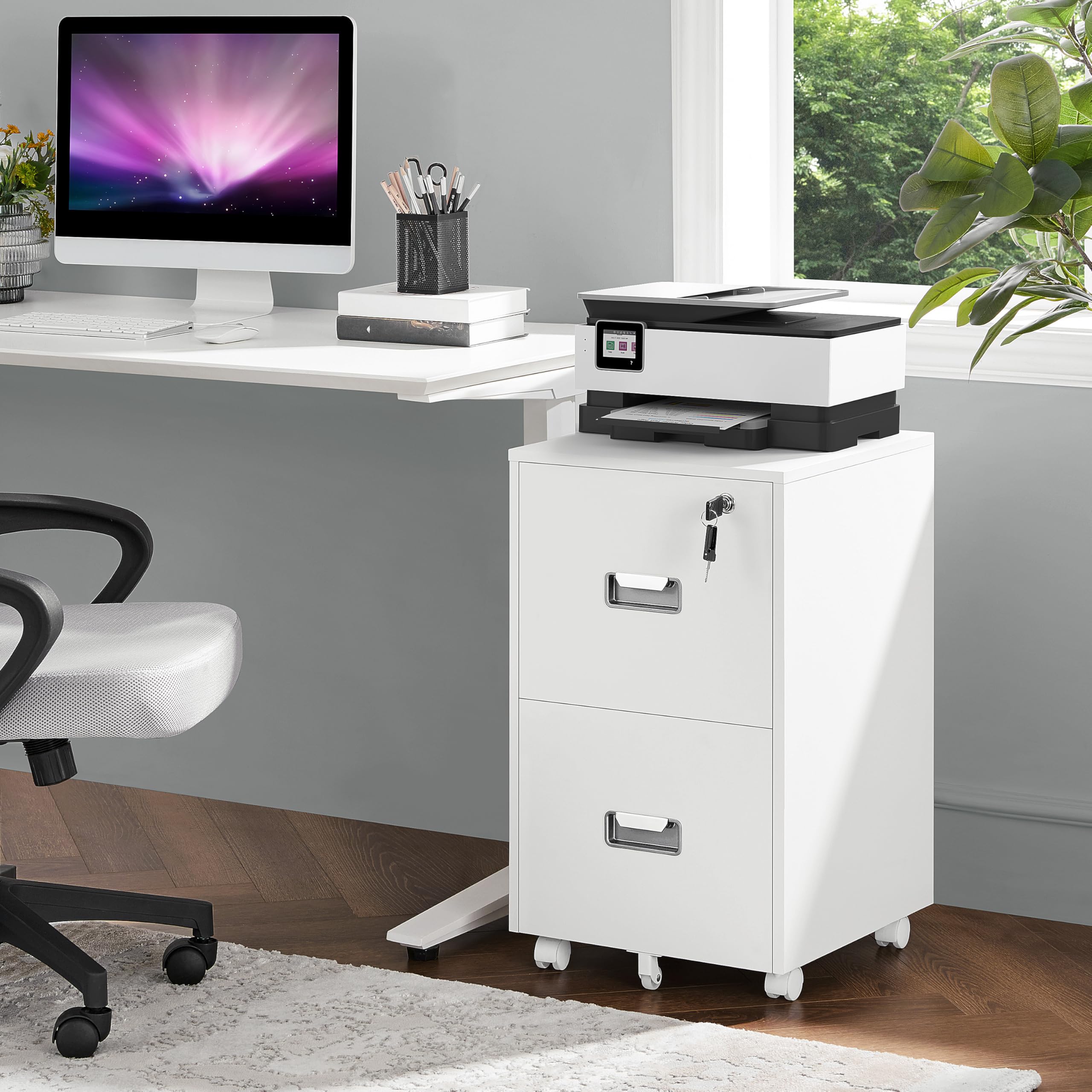 Yaheetech Rollcontainer, Aktenschrank, abschließbare Büroschrank mit Hängeregistratur und 2 Schubladen für Arbeitszimmer/Büro/Wohnzimmer Weiß