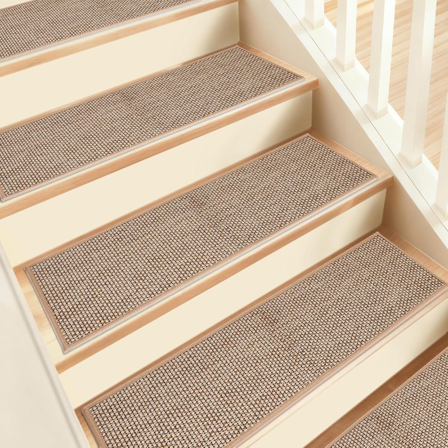 Stair Treads Non Slip, 15 Pack 8" X 30" Beige Stair Runners for Wooden Steps Non Slip with Reusable TPE Adhesive Backing, Carpet Stair Treads for Kids Elders and Pets, Machine Washable, Anti-Fall