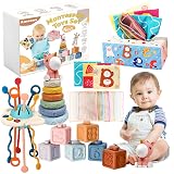 Auezona - Juguetes Sensoriales Montessori 4 in 1, Bloques Apilables, Caja de pañuelos, Juguetes Educativos para Bebes y Niños de 6 Meses a 3 Años.