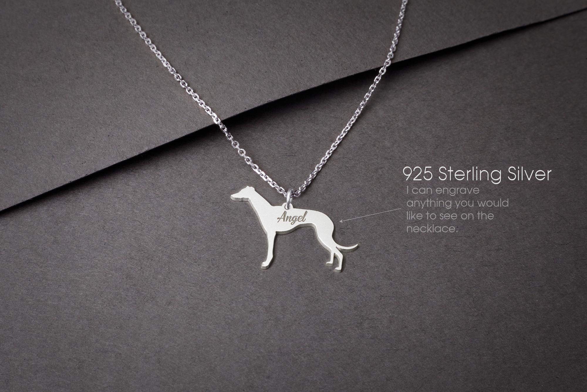 Hudoca Greyhound Personalized Tiny Silver Necklace | Dog Breed Custom Name Pendant | Sterling Silver Pet Lover Jewelry Gift