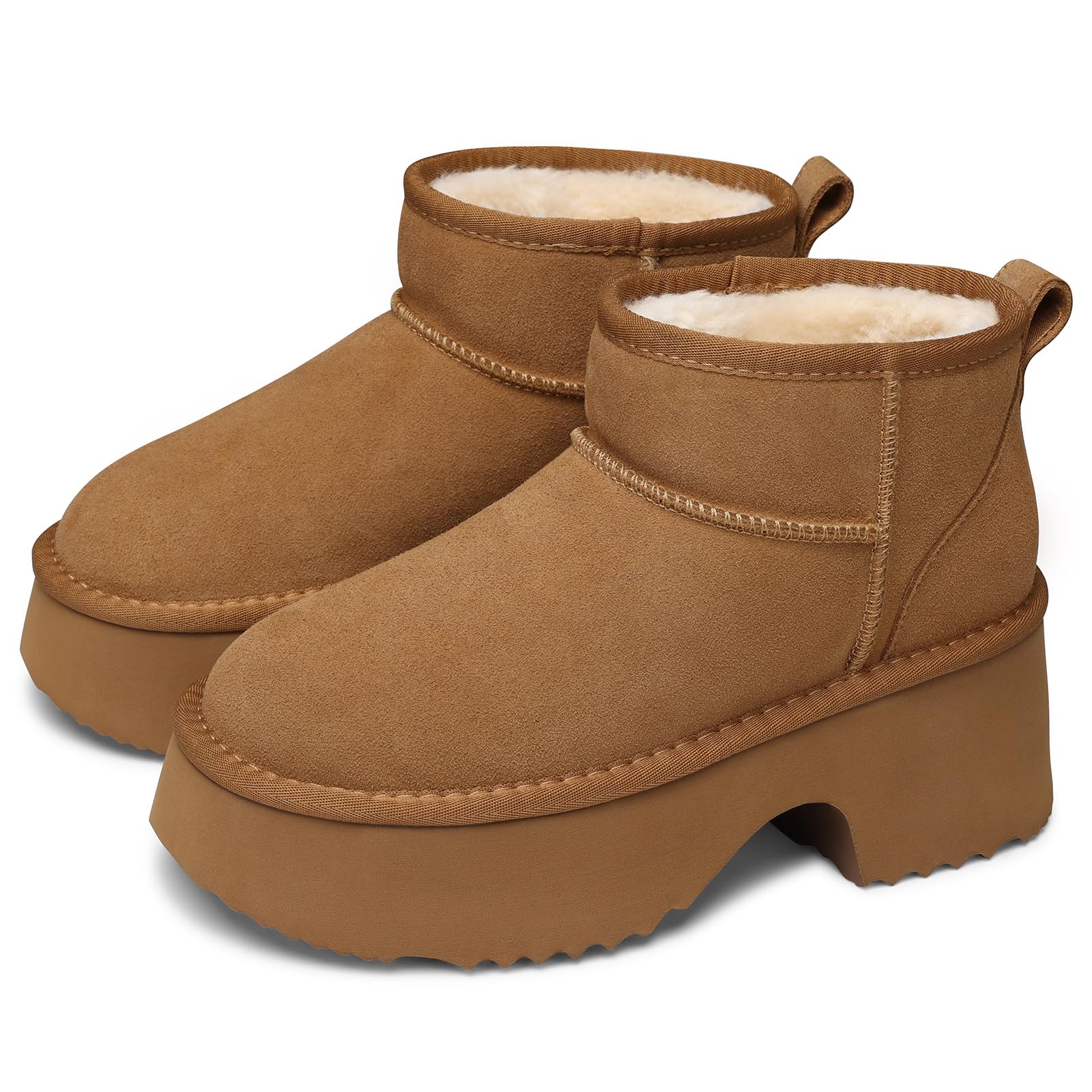 TEMOFON Womens Snow Mini Boots Genuine Suede Leather Heights Platform Ankle Boots - Winter Warm Fur Lined Anti-Slip
