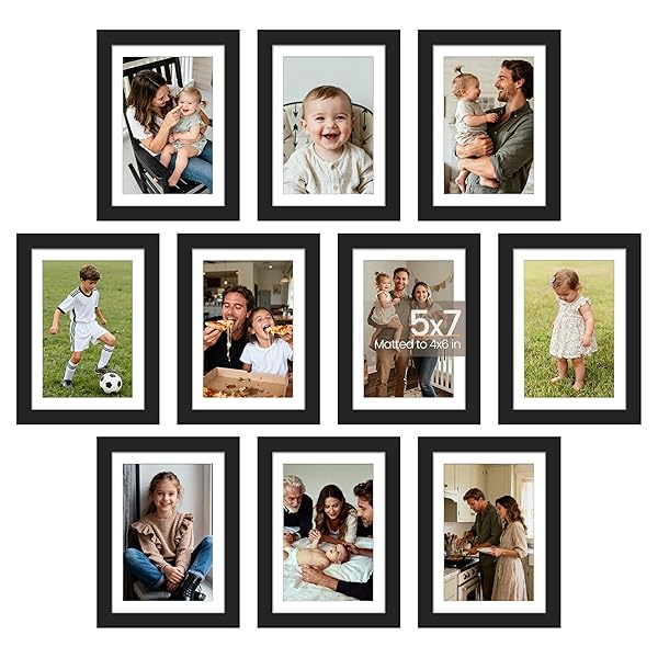 upsimples 5x7 Picture Frame Set of 10, Display Pictures 4x6 with Mat or 5x7 Without, Multi Photo Frames Collage for Wall or Tabletop Display, Black