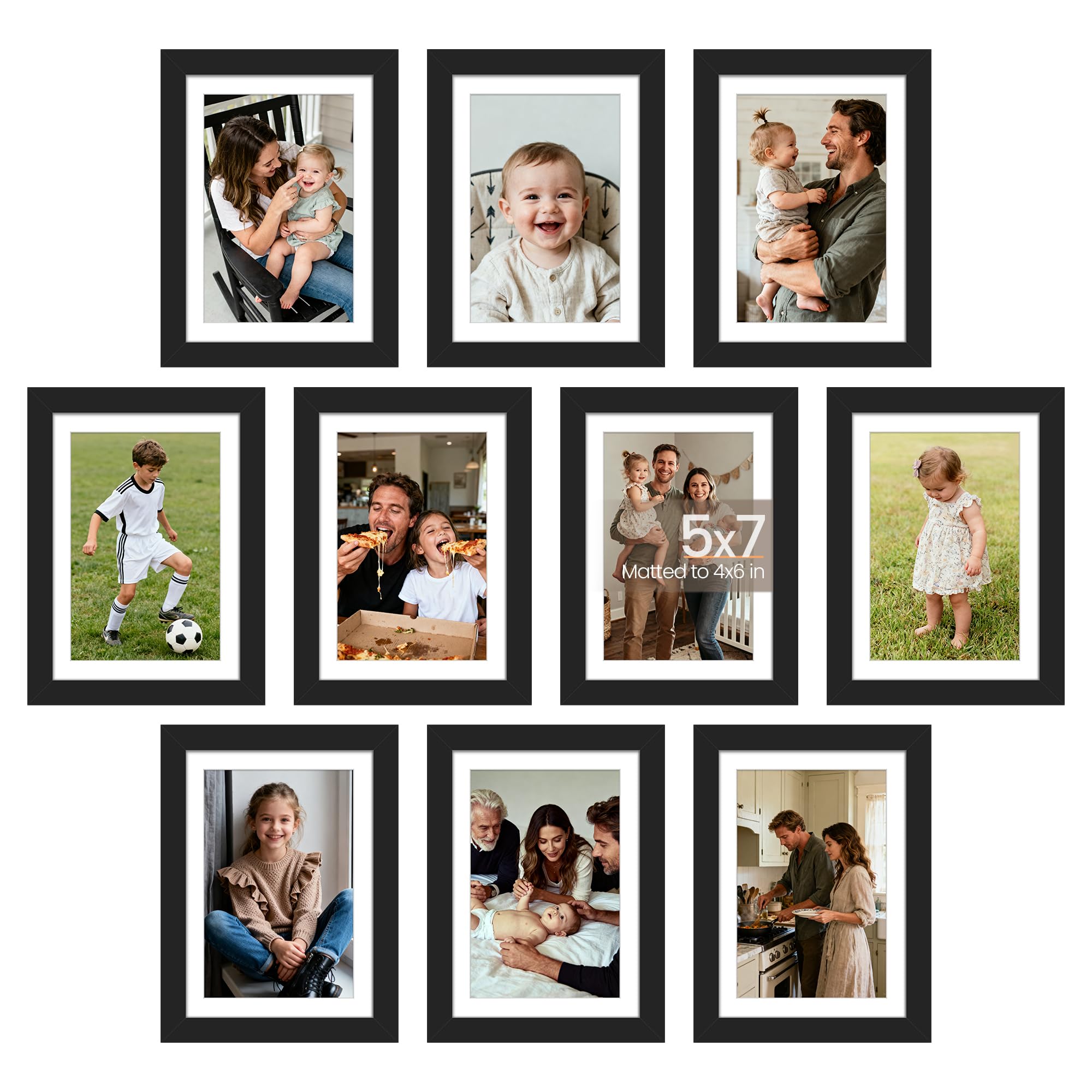 upsimples 5x7 Picture Frame Set of 10, Display Pictures 4x6 with Mat or 5x7 Without, Multi Photo Frames Collage for Wall or Tabletop Display, BlackClimeCo Certified