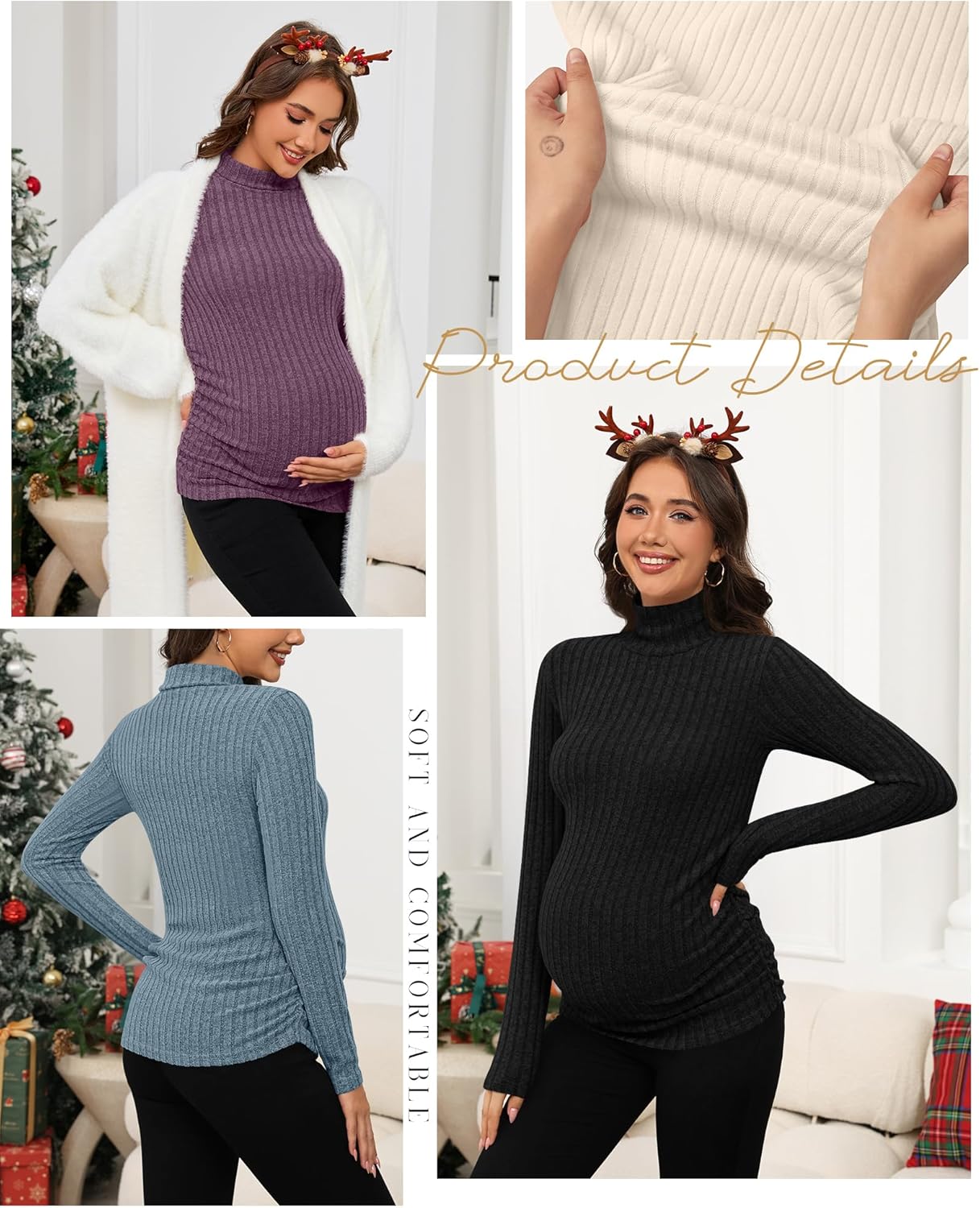 Huukeay 4 Pack Women's Maternity T-Shirts, Long Sleeve Mock Turtleneck Ribbed Pregnancy Top Sweaters Side Ruched Mama Clothes - Image 5