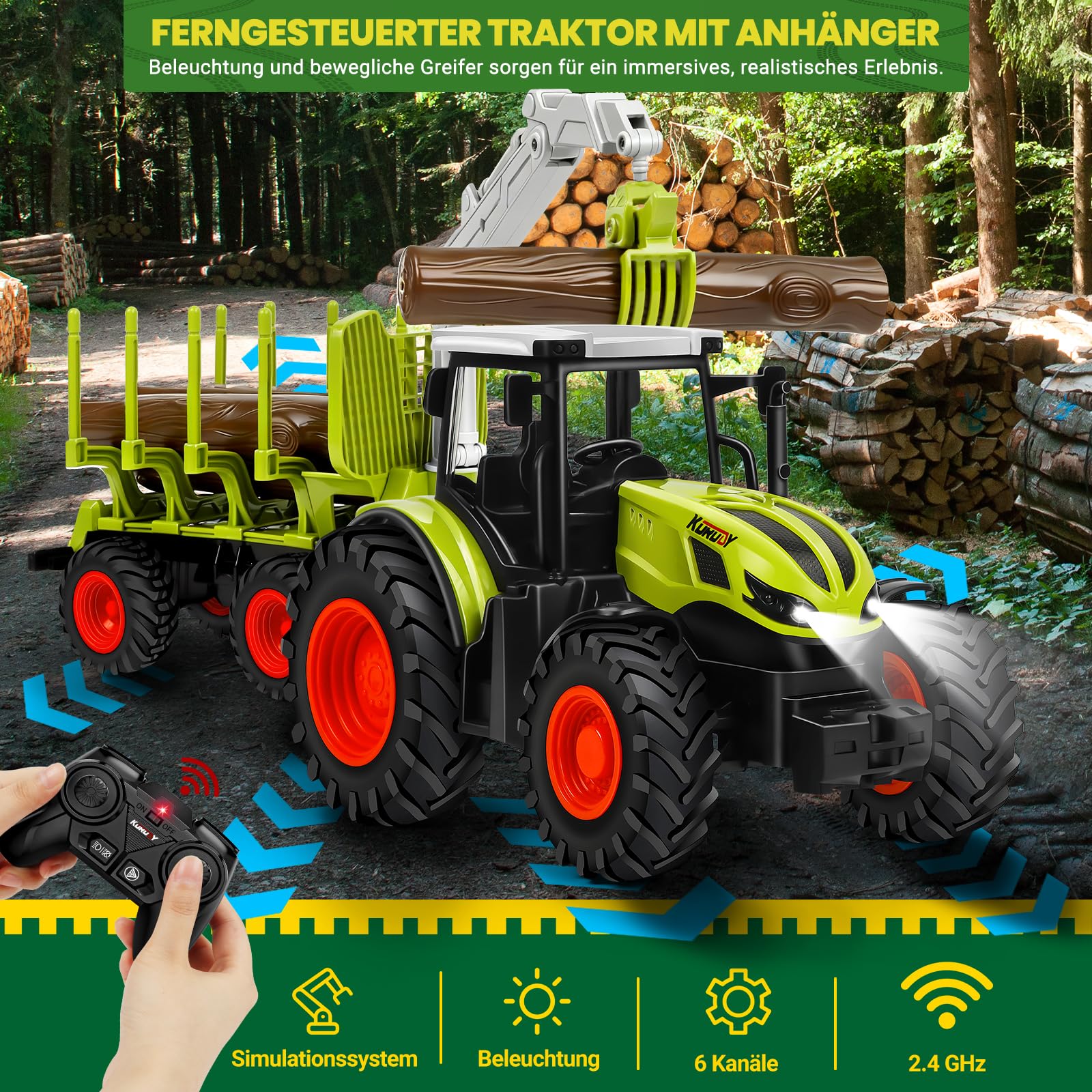 BuzzoXerex Ferngesteuerter Traktor Ferngesteuert, 1:16 RC Traktor mit Anhänger und Licht, 2.4 GHz Traktor Spielzeug mit Baumstämme, Kuh und Heuballen, Geschenk für Kinder ab 3 4 5 6 Jahre