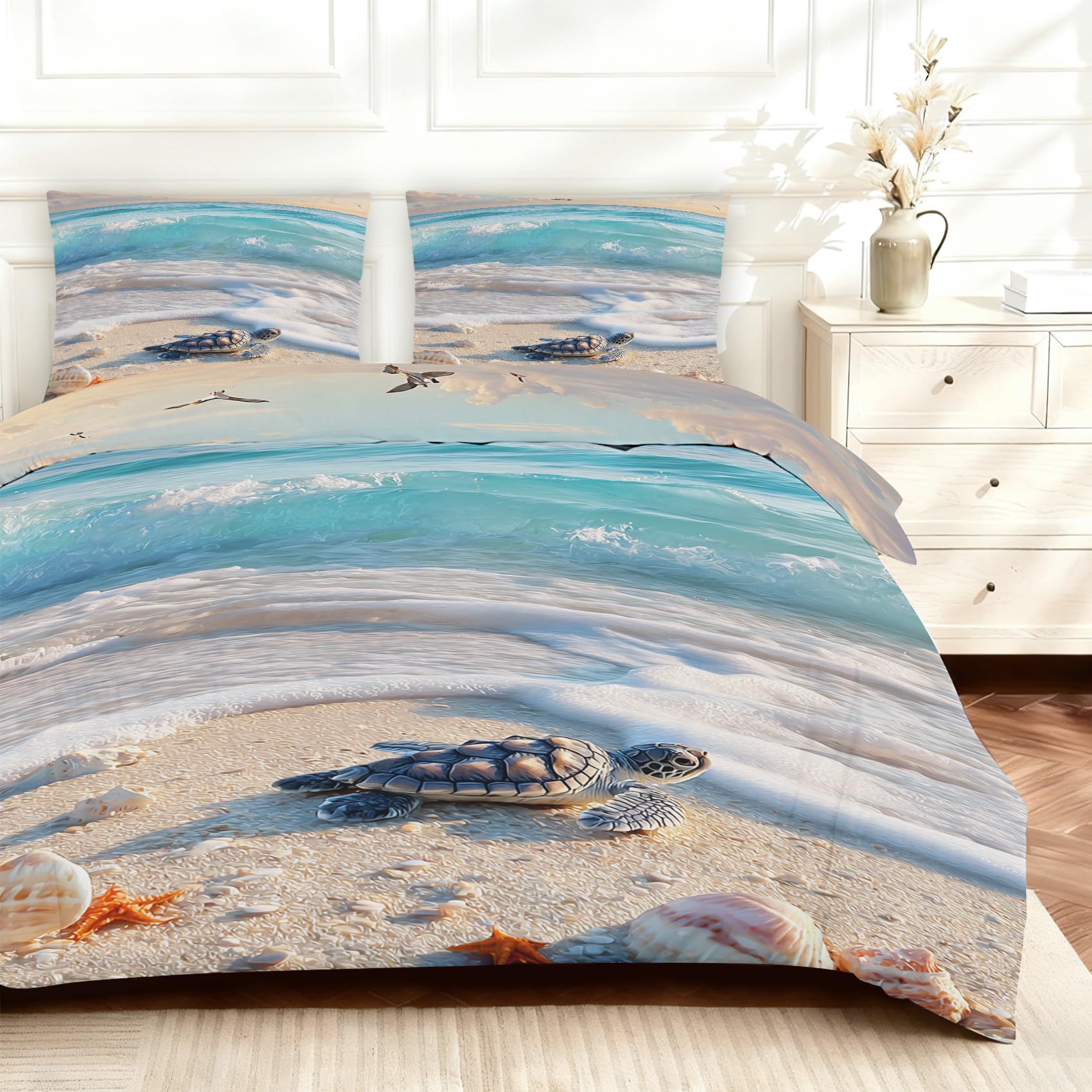 Housse de couette 140x190 fermeture éclair facile parure motif tortue de mer