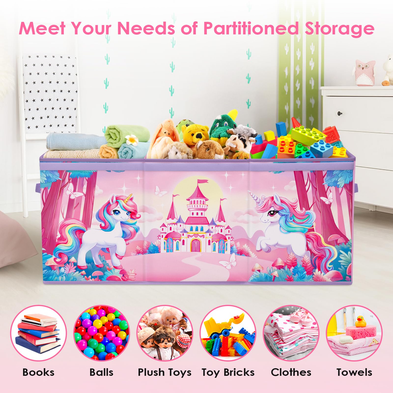 Scatola di Giocattoli Large con Coperchio Ribalta per Bambini, Contenitore Porta Giochi Pieghevole Oxford, Baule Portagiochi Impermeabile Robusto per Ragazze Ragazzi, 96×32×40cm (Unicorno Fantasia)