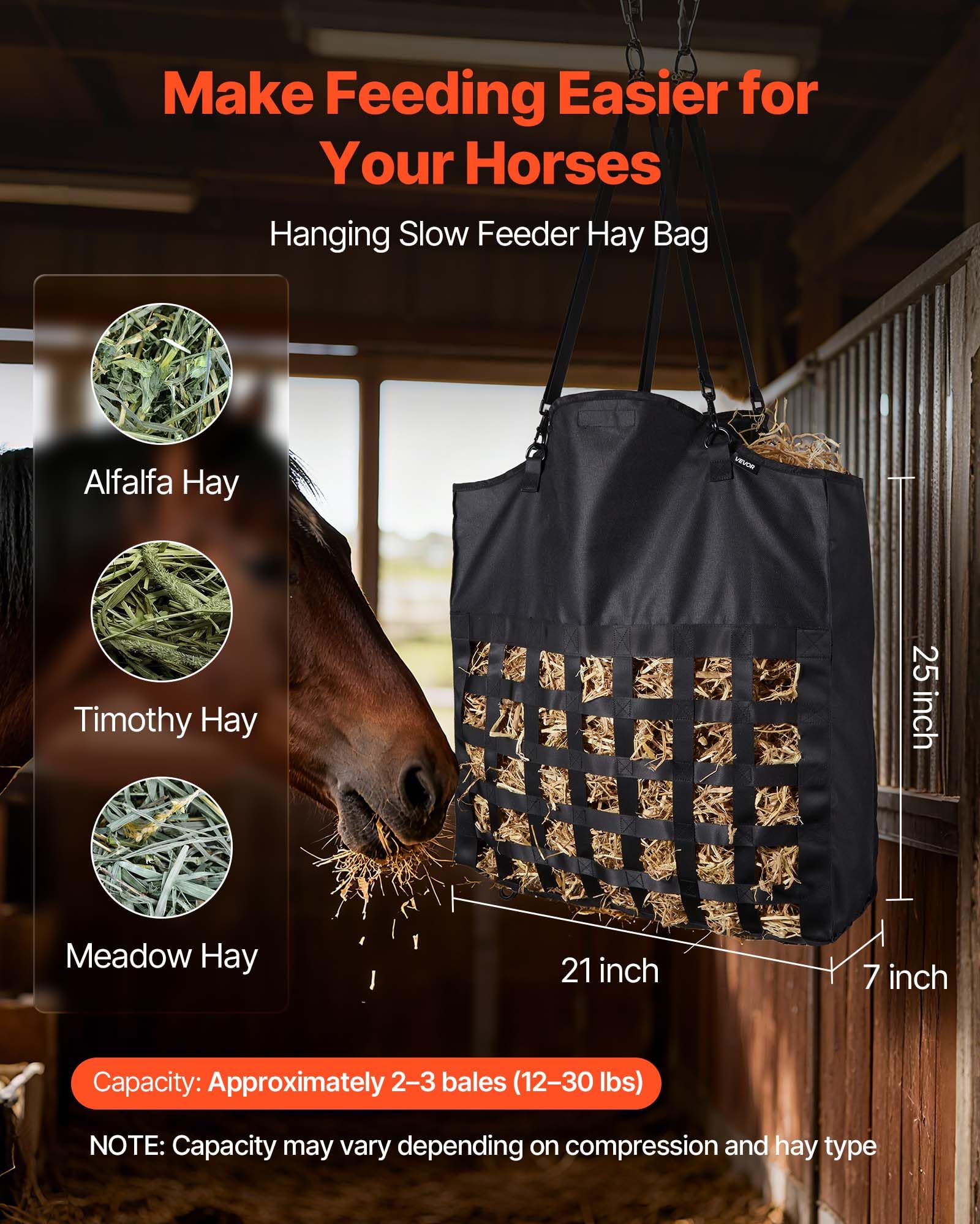 VEVOR Bolsa de Heno para Caballos, 55 x 18,5 x 64 cm, Agujeros 46 x 46 mm, Fabricada en Nailon, con Revestimiento Impermeable de PVC, Correas de Suspensión Ajustables y Ganchos Metálicos, Negro