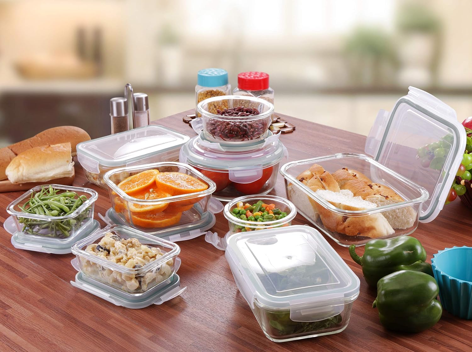 Utopia Kitchen Glass Food Storage Container Set - 18 Pieces (9 Containers and 9 Lids) - Transparent Lids (Grey, 18 Piece Set)