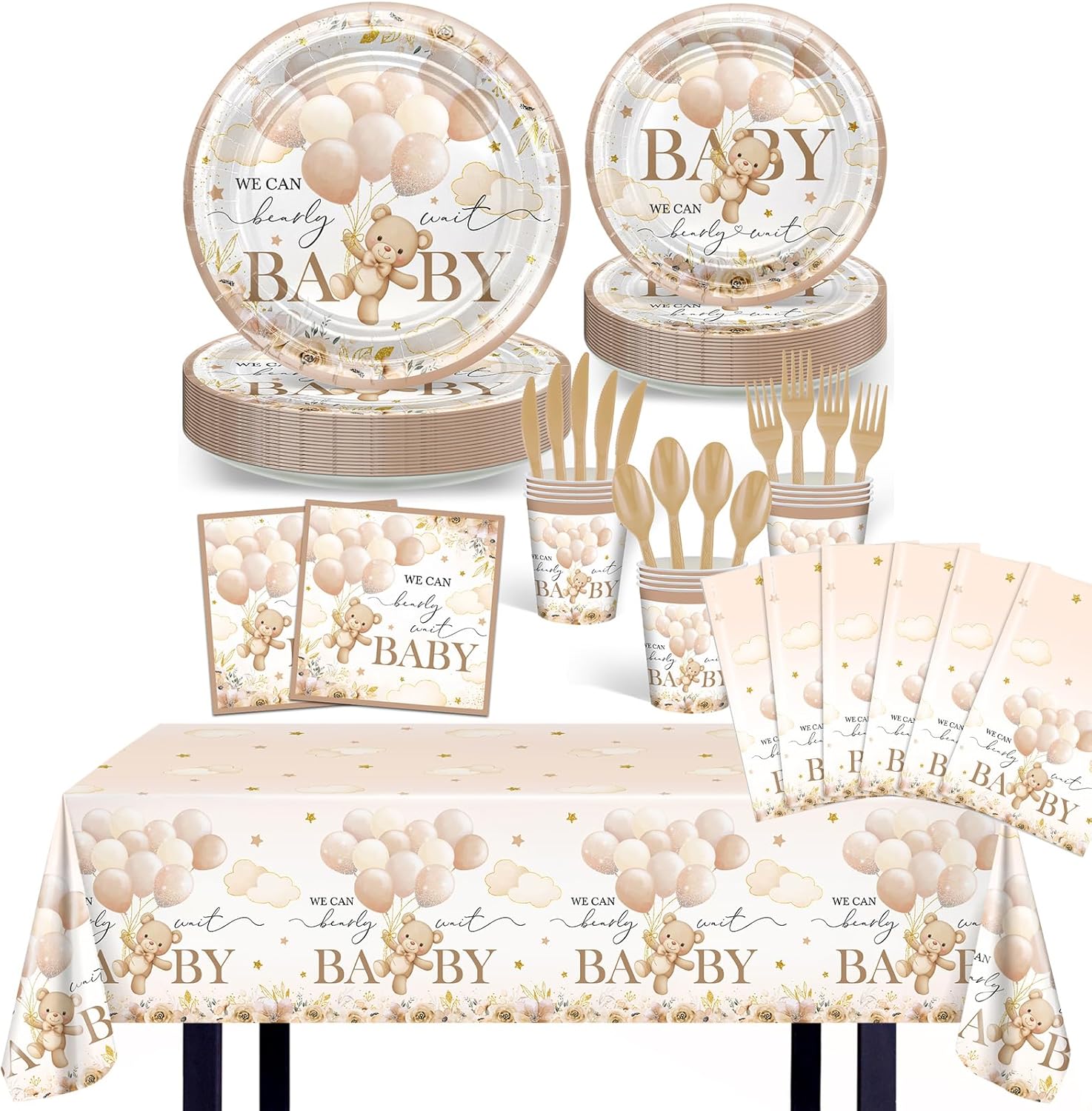 Avezano Brown Bear Baby Shower Tableware and Bear Baby Shower Tablecloths Bundle