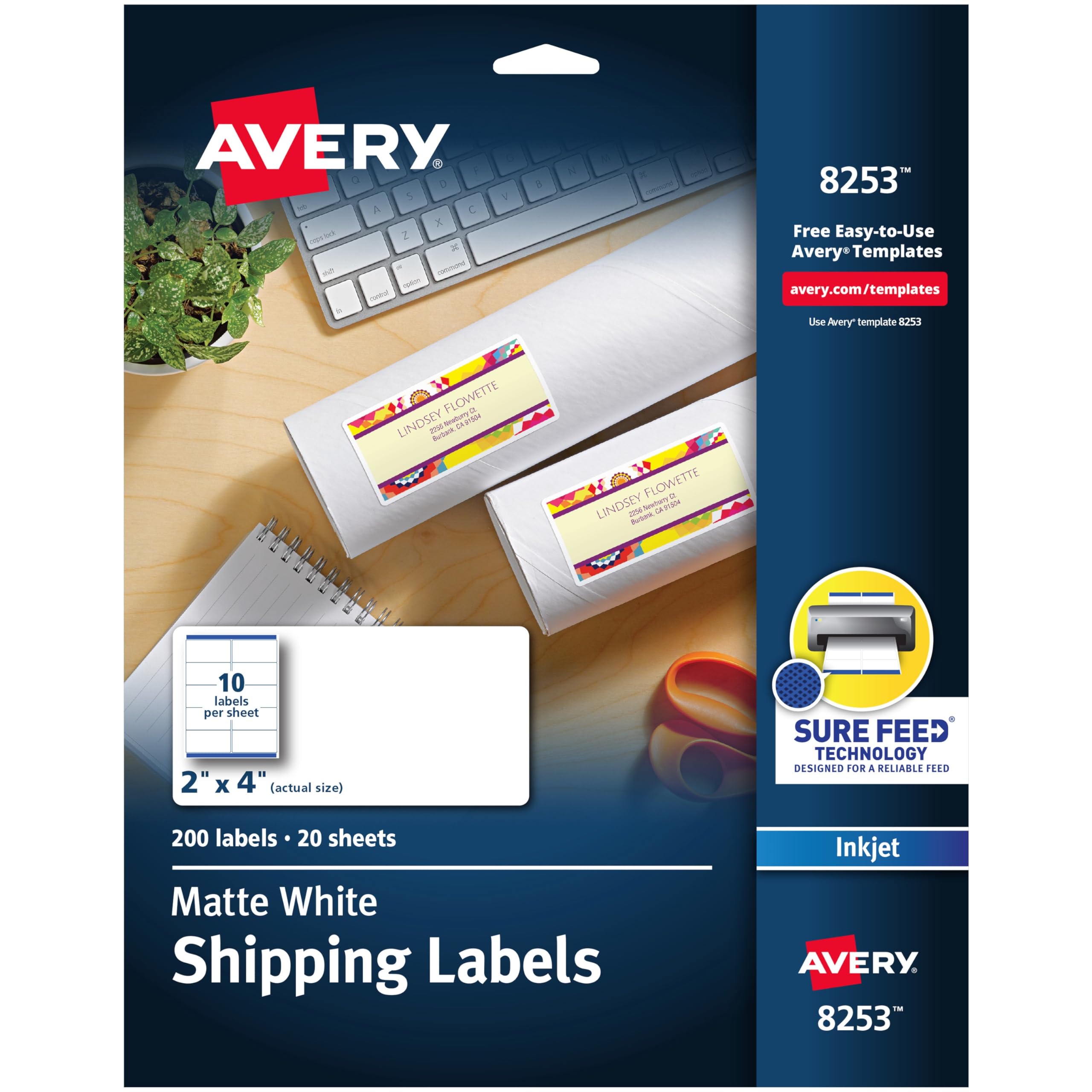 Avery Mat Beyaz Nakliye Etiketleri, Sure Feed Teknolojisi, Kalıcı Yapıştırıcı, 2" x 4", 200 Etiket (8253)