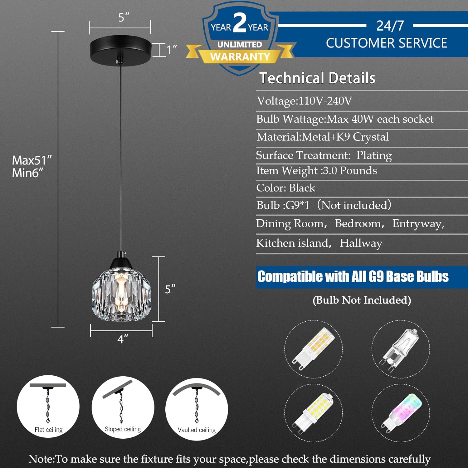 Crystal Chandeliers for Dining Room Lights Fixture Over Table, 3 Pack Black Modern Pendant Light Fixture，Crystal Pendant Lighting for Kitchen Island Bathroom Bar