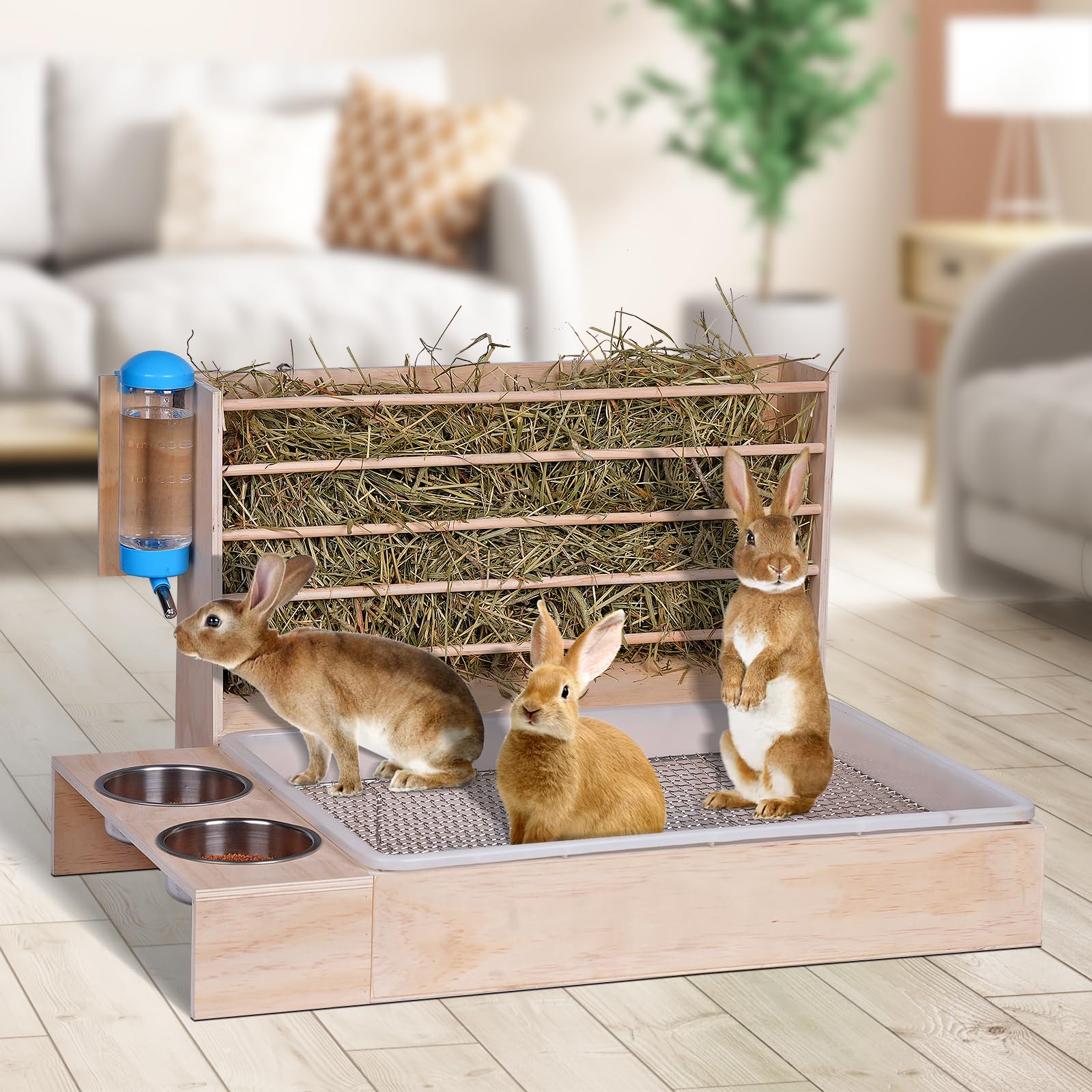 4 in 1 Groß Heuraufe Kaninchen Holz Futterspender Heu Kaninchen mit Katzentoilette Wasserflasche Futternäpfe für Hamster Hölzerner Hasenfutterautomat Heuhaltergestell für kleine Haustiere