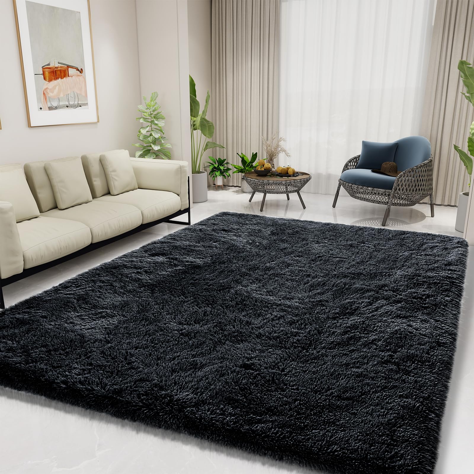 Ultra Soft Fluffy Area Rugs for Bedroom Living Room 6x9, Nursery Rug, Non-Slip Carpet for Kids Dorms Decor, Shaggy Bedside Rug, Black