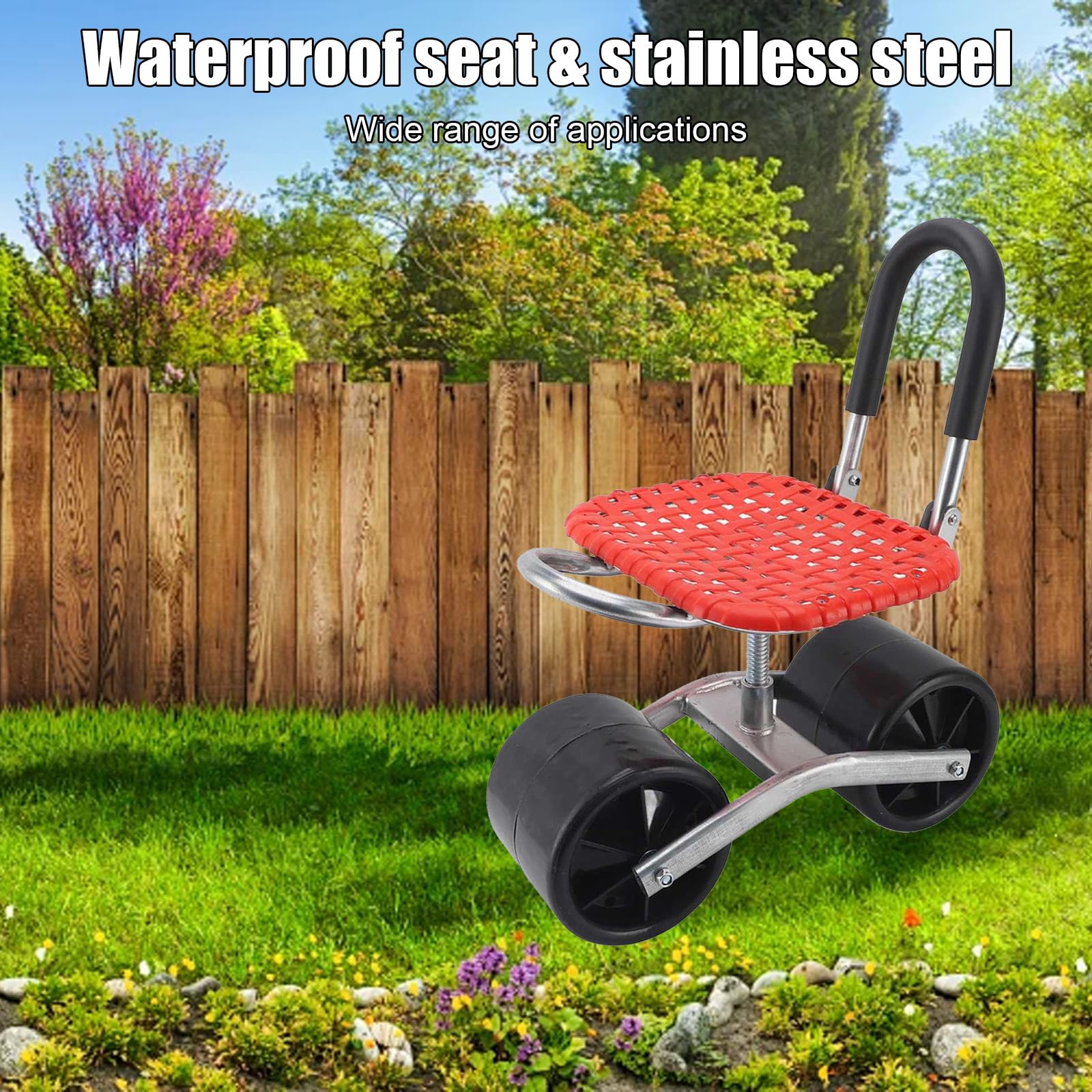 Taburete de jardín con ruedas, asiento con ruedas para carrito de jardín móvil hasta 130 kg, asiento giratorio de 360 grados, neumáticos de goma anchos para jardinería, carro de taller, carrito