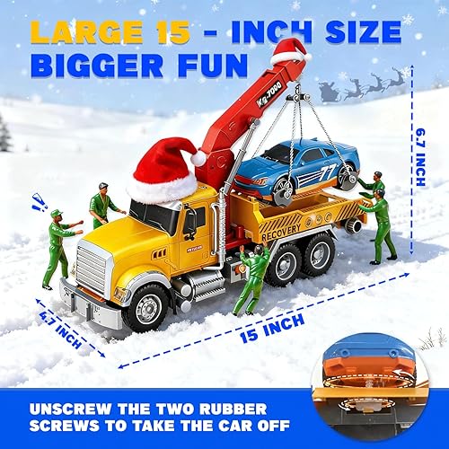 Miniatura 7 de SMILESSKIDDO Juguetes para niños pequeños de 3, 4, 5, 6 años, camión de remolque grande de fricción 112 con luz y sonido, coche deportivo y señales