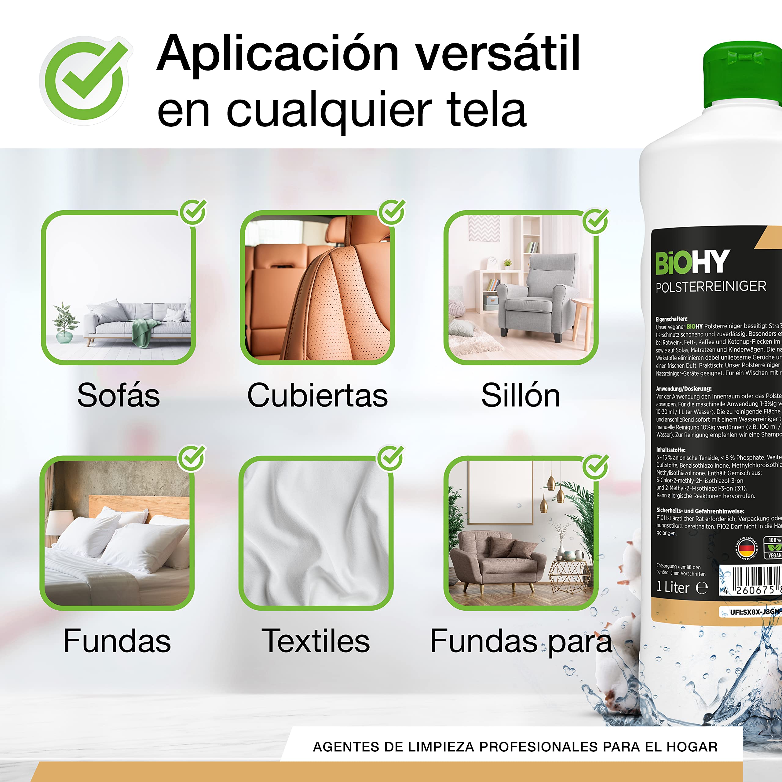 BiOHY Limpiador tapicerías (12 botellas de 1 litro) + Dosificador | Ideal para asientos de coche, sofás, colchones, etc. | También es adecuado para las lavadoras (Polsterreiniger)