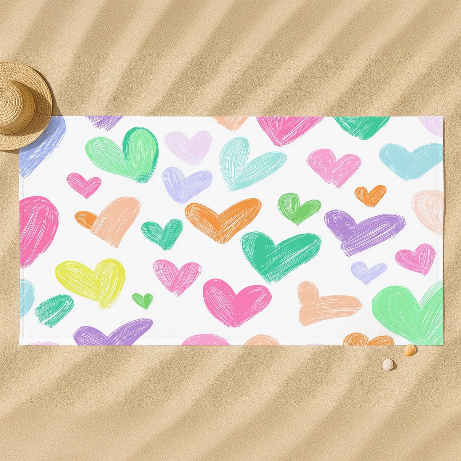 Heilend, Doodle, Aquarell Strandtuch 200 x 145 cm – Saugfähiges Schnell trocknendes Strandtuch Handgezeichnete Herzen, Sanfte Töne für Campen, Picknick, Ausflüge
